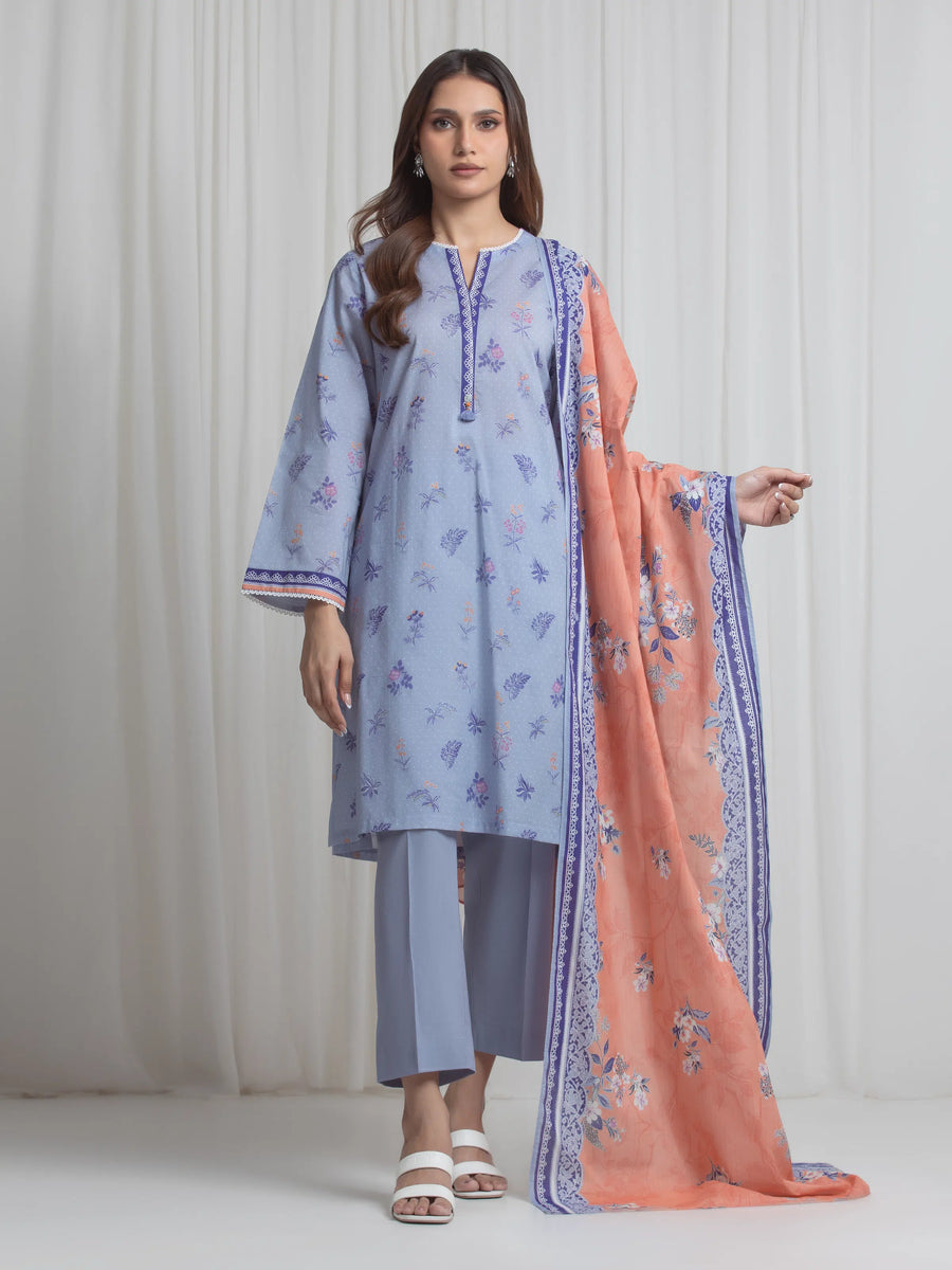 Edenrobe Allure Blue Lawn 3-Piece Suit | EWU6A1-36725-3P