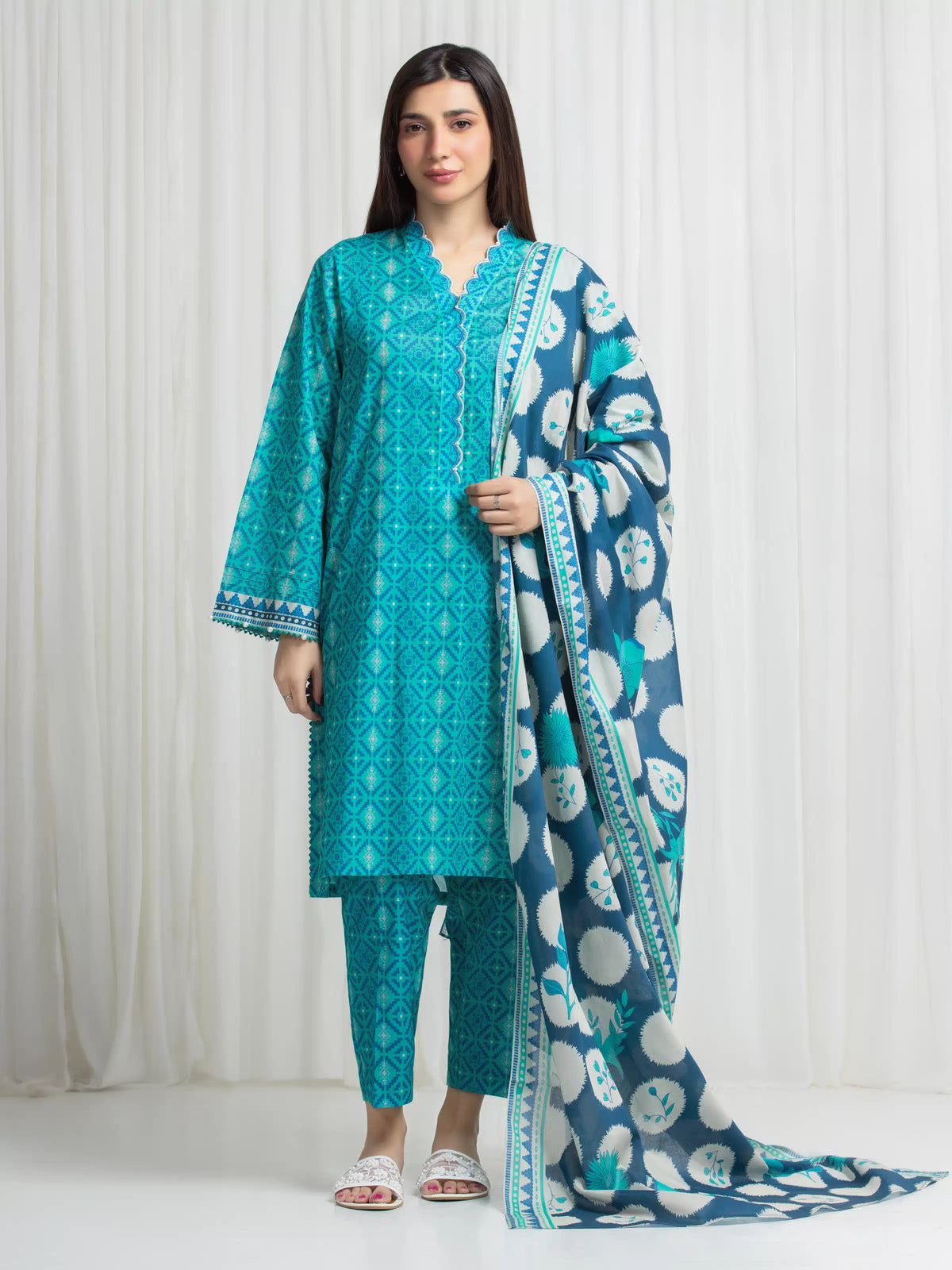 Edenrobe Allure Green Lawn 3-Piece Suit | EWU6A1-36762-3P