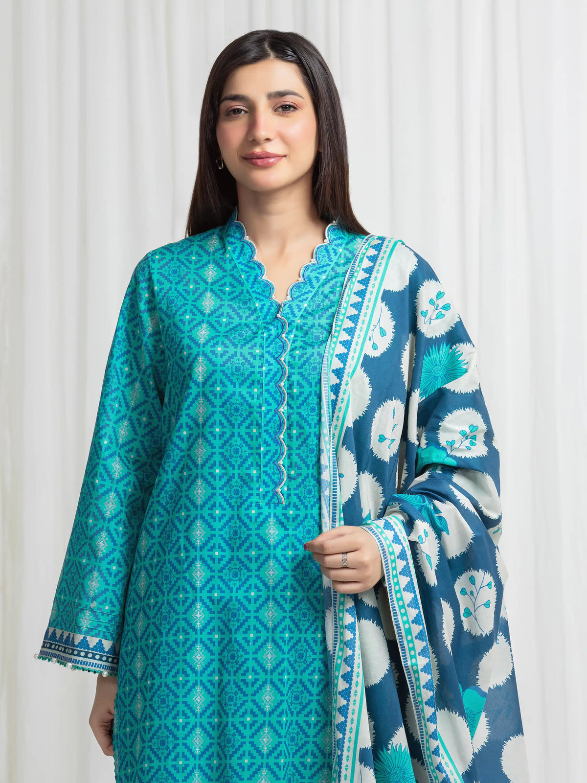 Edenrobe Allure Green Lawn 3-Piece Suit | EWU6A1-36762-3P