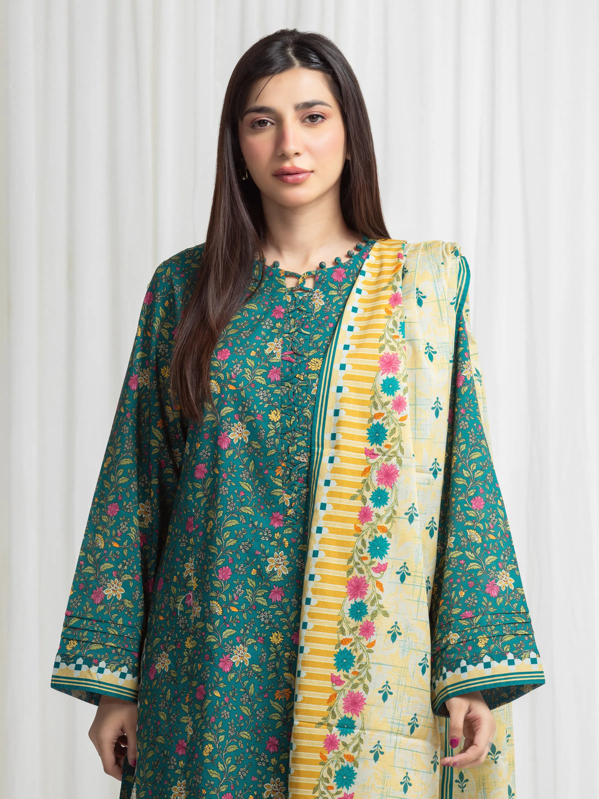 Edenrobe Allure Green Lawn 3-Piece Suit | EWU6A1-36713-3P