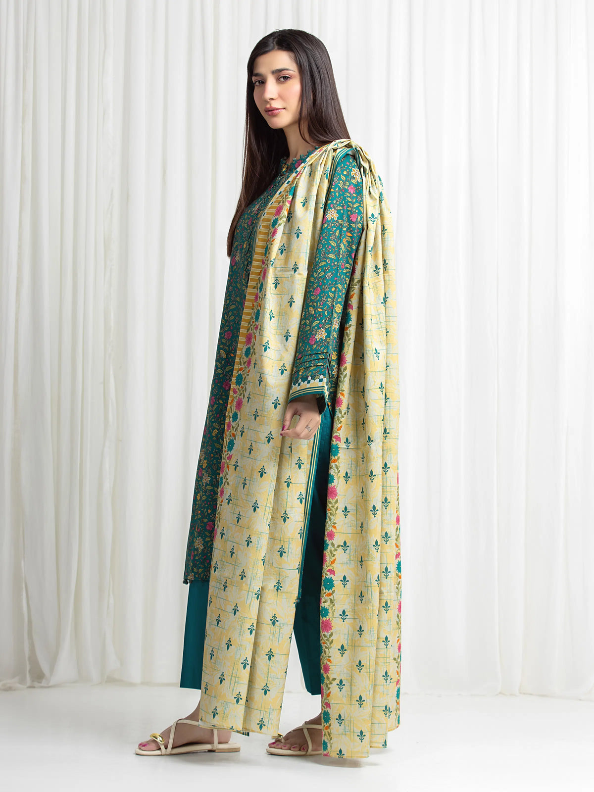 Edenrobe Allure Green Lawn 3-Piece Suit | EWU6A1-36713-3P