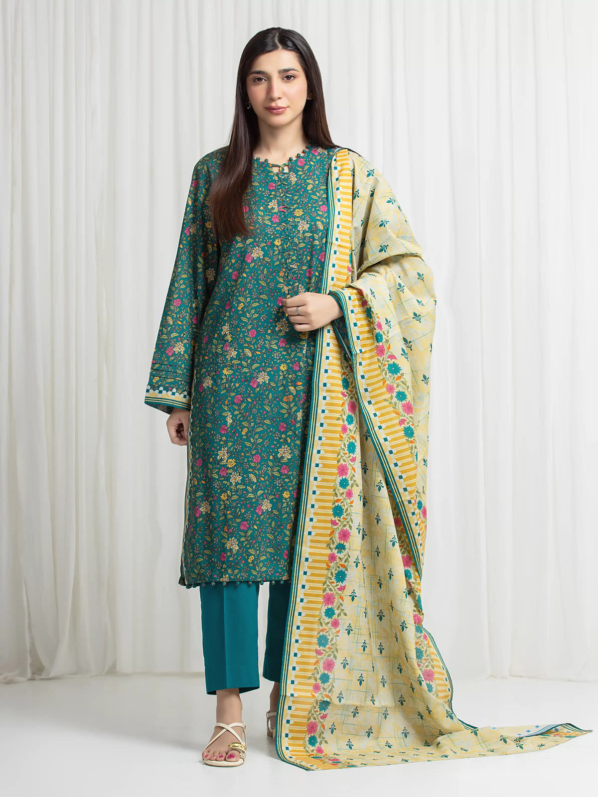 Edenrobe Allure Green Lawn 3-Piece Suit | EWU6A1-36713-3P