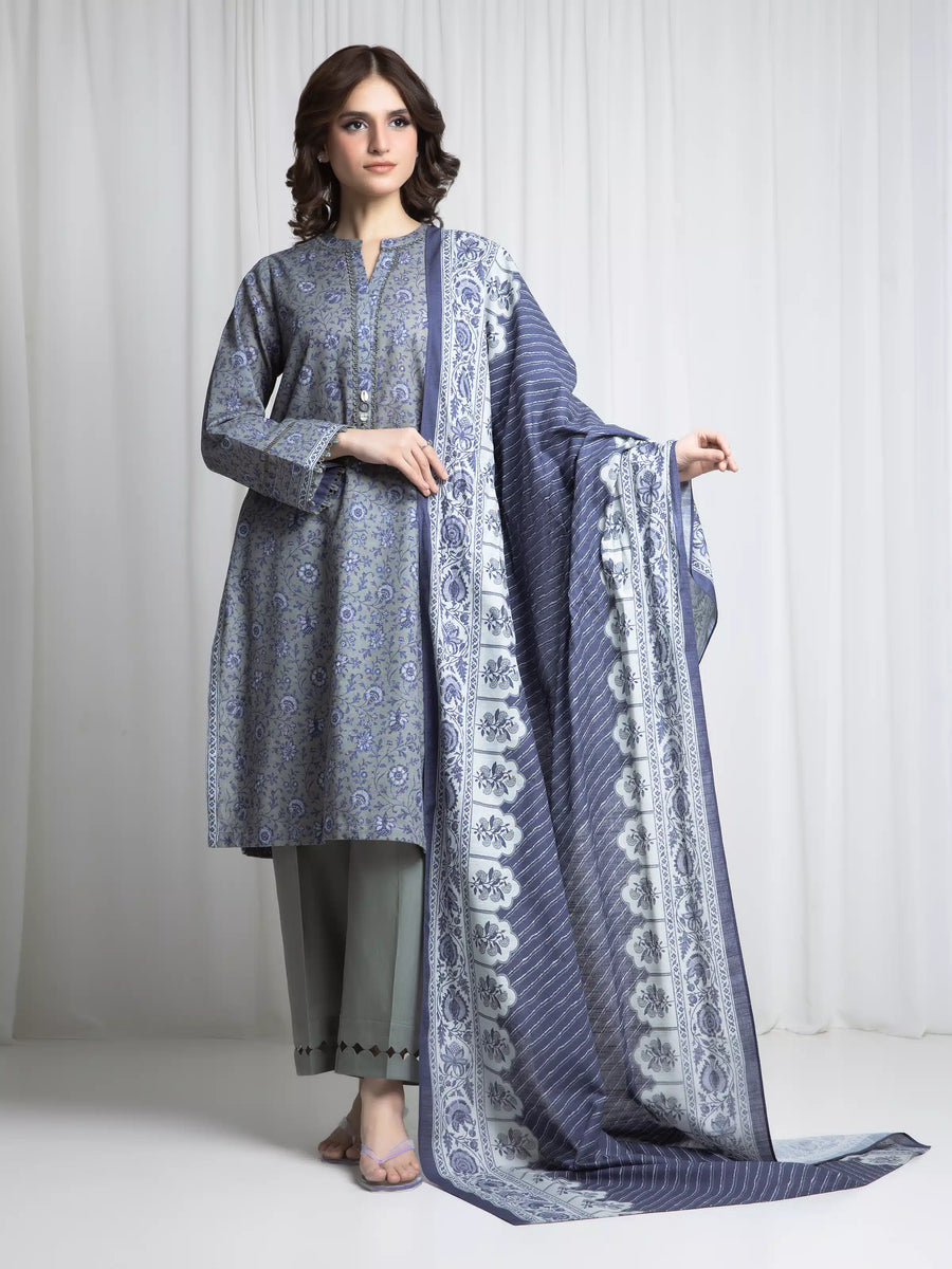 Edenrobe Allure Sage Khaddar 3-Piece Suit | EWU6A3-37054-3P