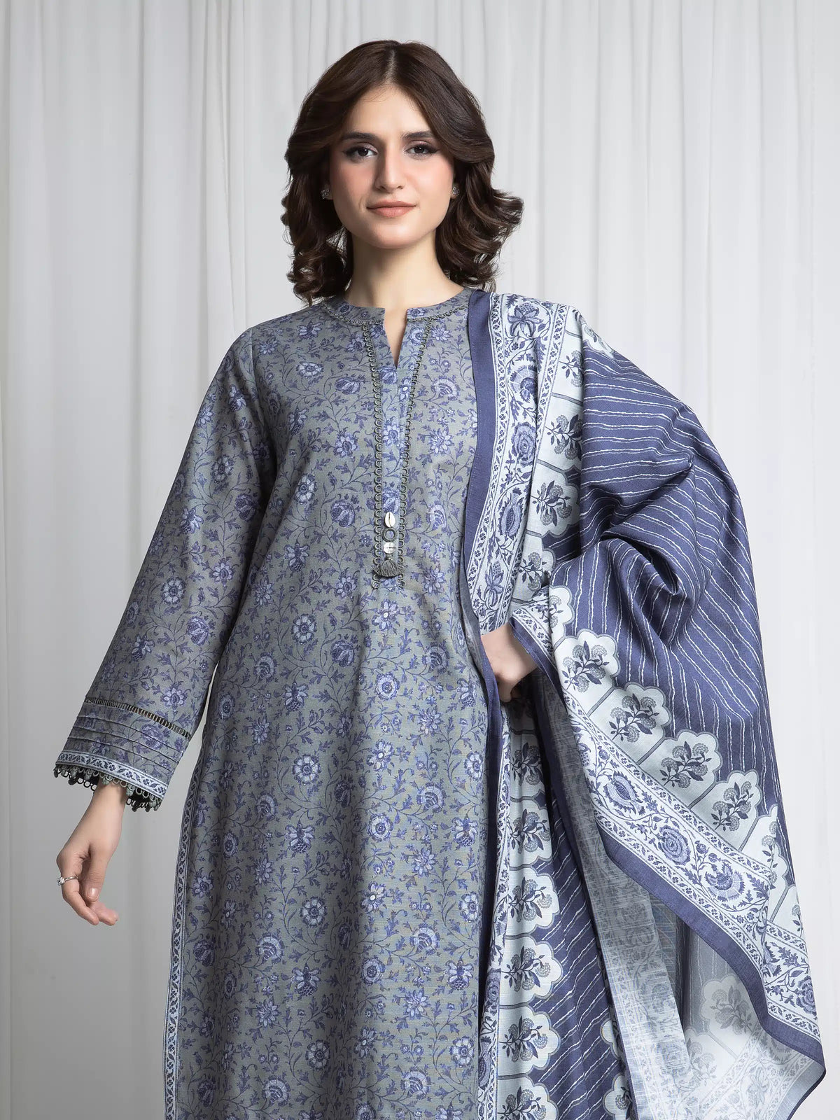 Edenrobe Allure Sage Khaddar 3-Piece Suit | EWU6A3-37054-3P