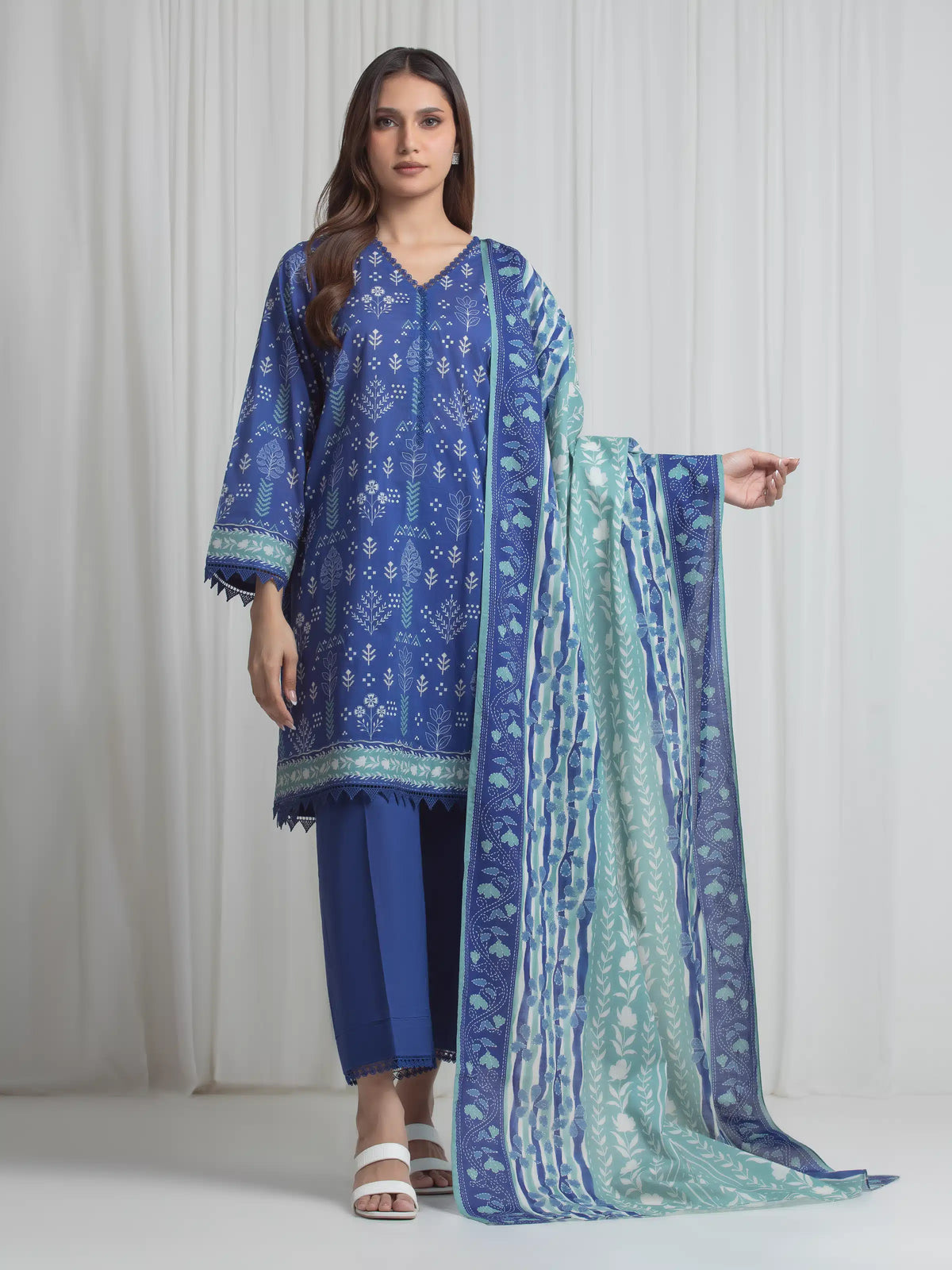 Edenrobe Allure Blue Lawn 3-Piece Suit | EWU6A1-36720-3P