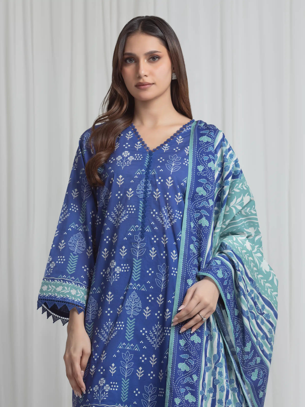 Edenrobe Allure Blue Lawn 3-Piece Suit | EWU6A1-36720-3P