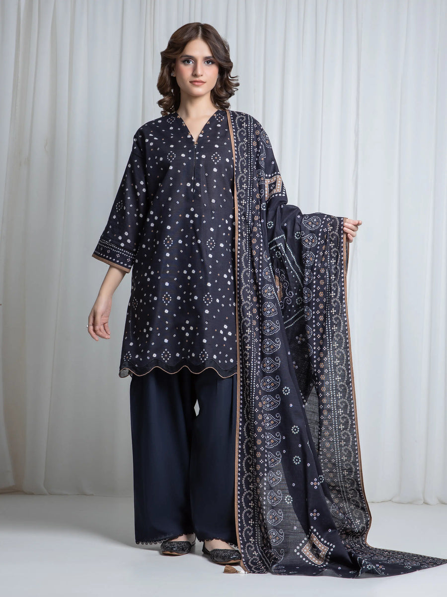 Edenrobe Allure Black Khaddar 3-Piece Suit | EWU6A3-37068-3P