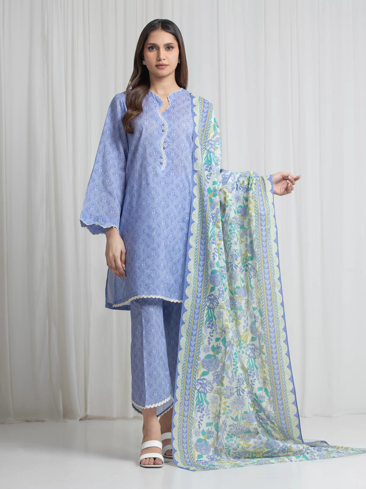 Edenrobe Allure Blue Lawn 3-Piece Suit | EWU6A1-36773-3P