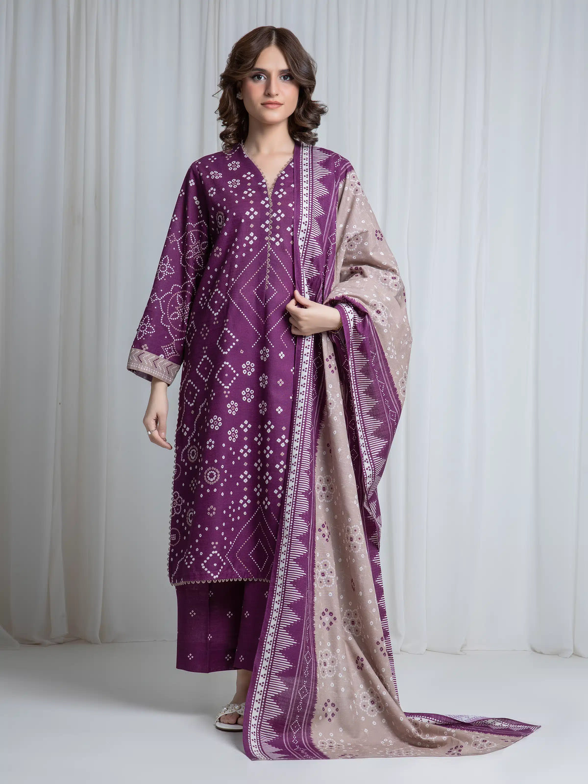 Edenrobe Allure Magenta Khaddar 3-Piece Suit | EWU6A3-37171-3P