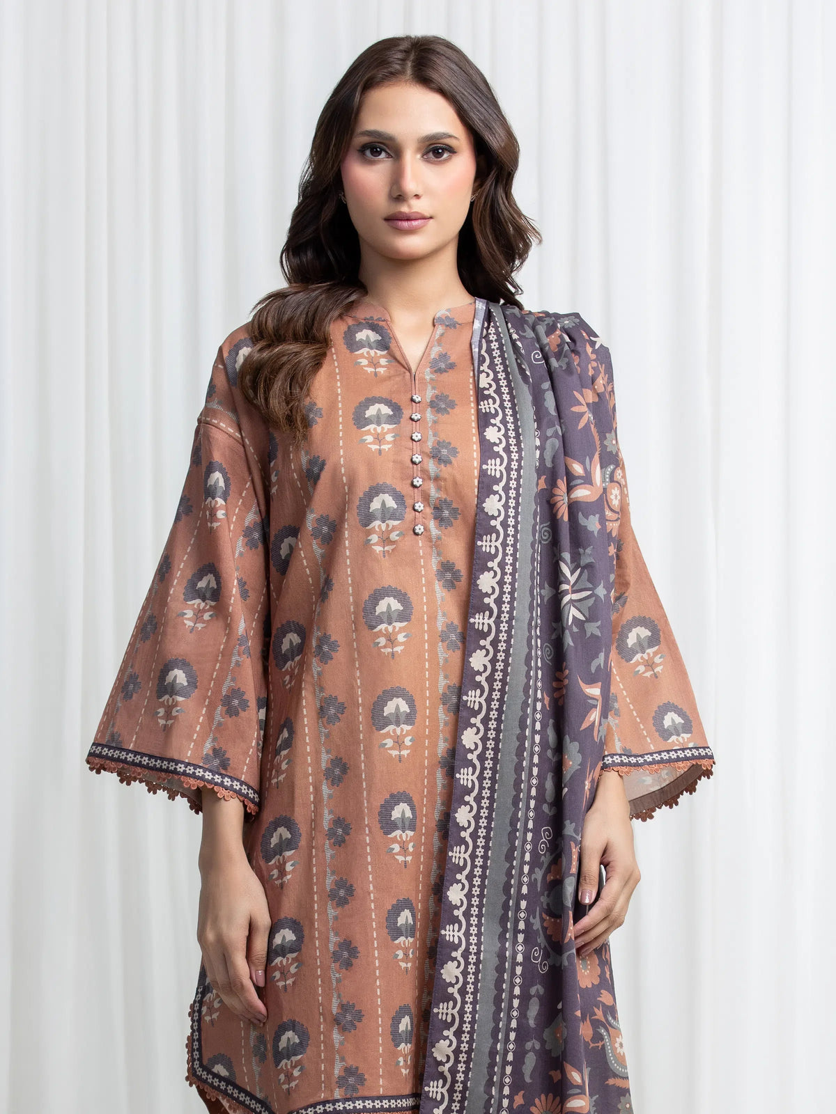 Edenrobe Allure Brown Lawn 3-Piece Suit | EWU6A1-36852-3P