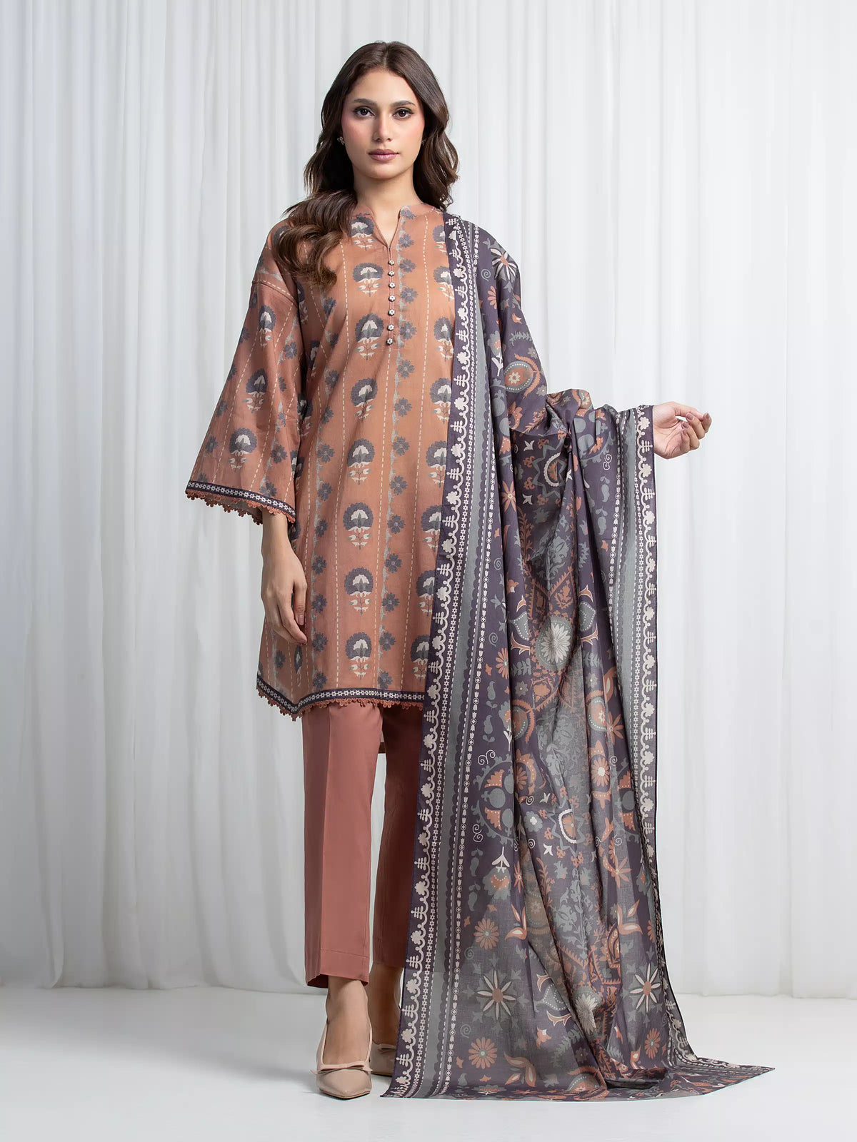 Edenrobe Allure Brown Lawn 3-Piece Suit | EWU6A1-36852-3P