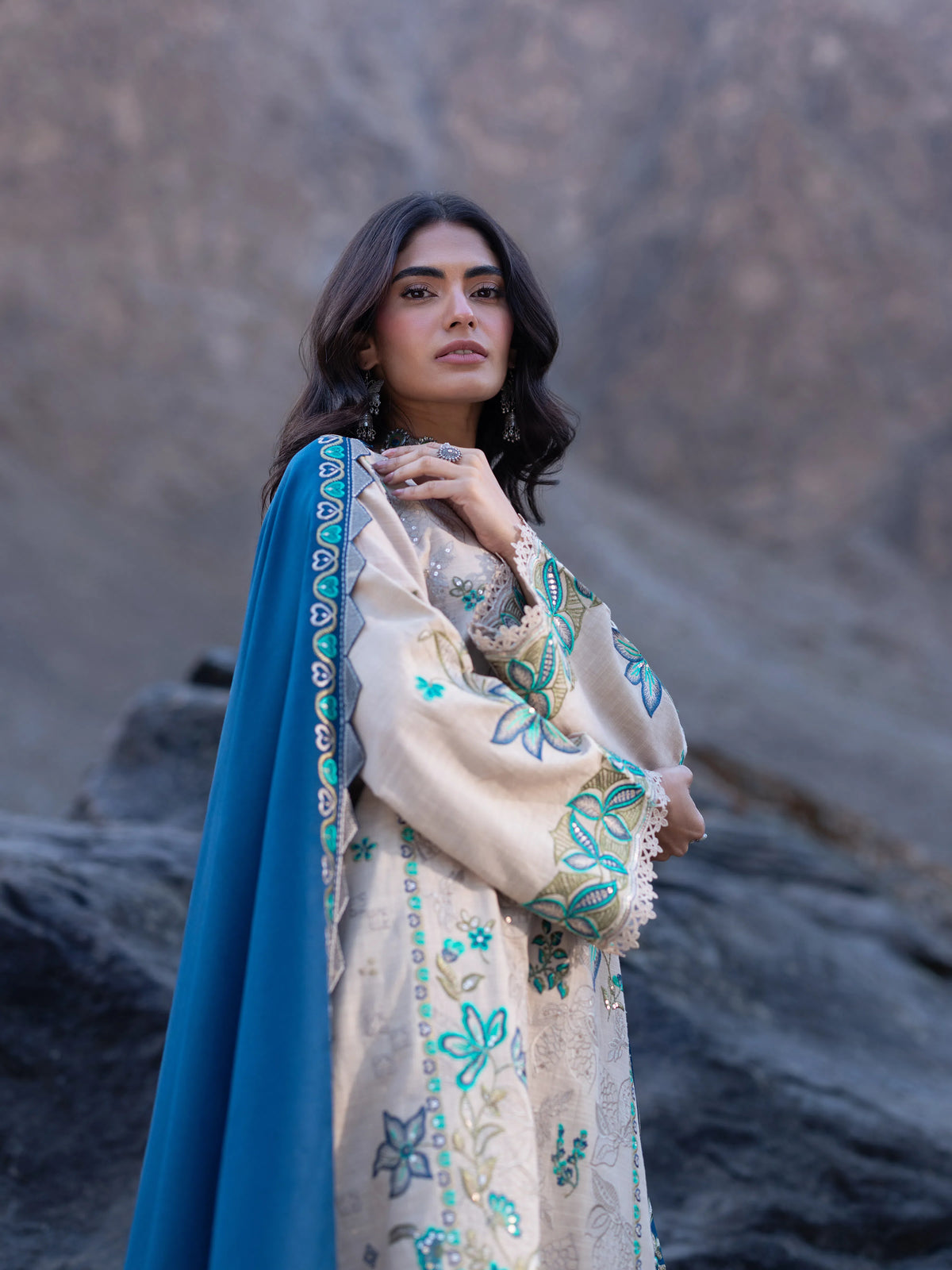 Edenrobe Kohsaar Beige Khaddar 3-Piece Suit | EWU6V11-34001-3P