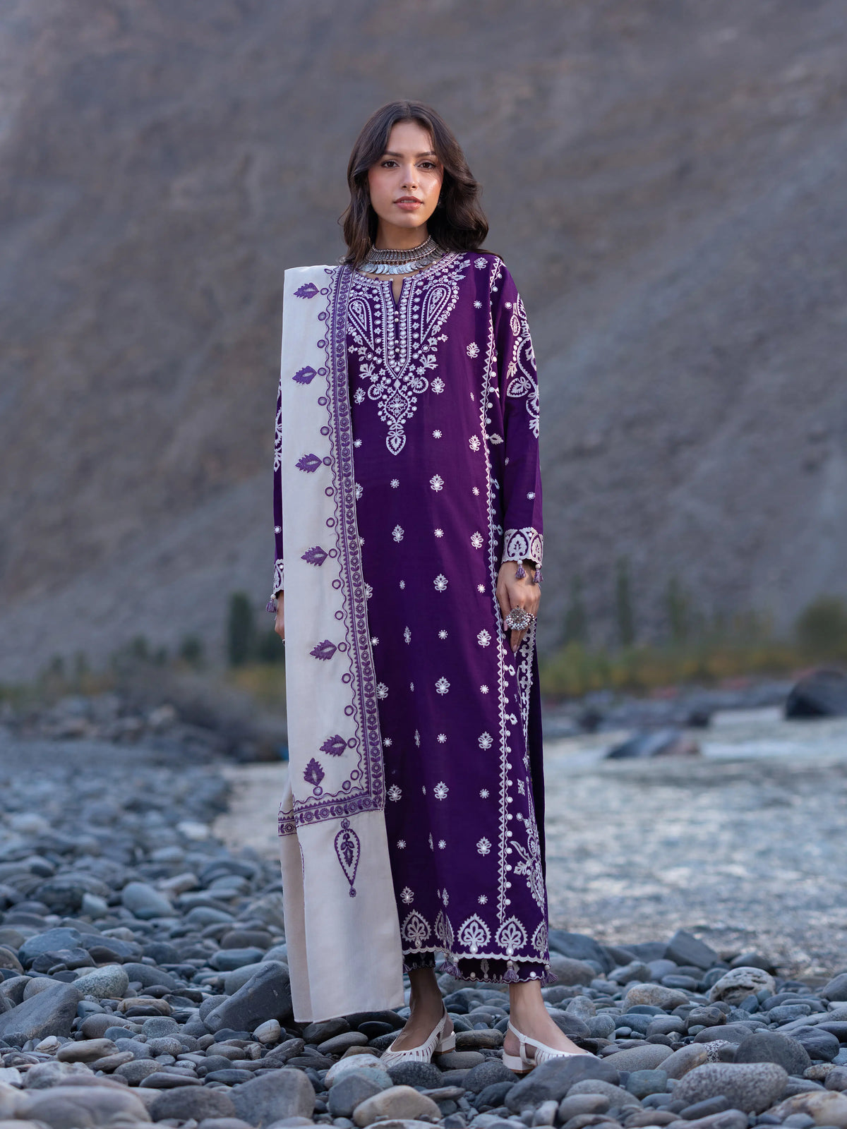 Edenrobe Kohsaar Purple Khaddar 3-Piece Suit | EWU6V11-34003-3P