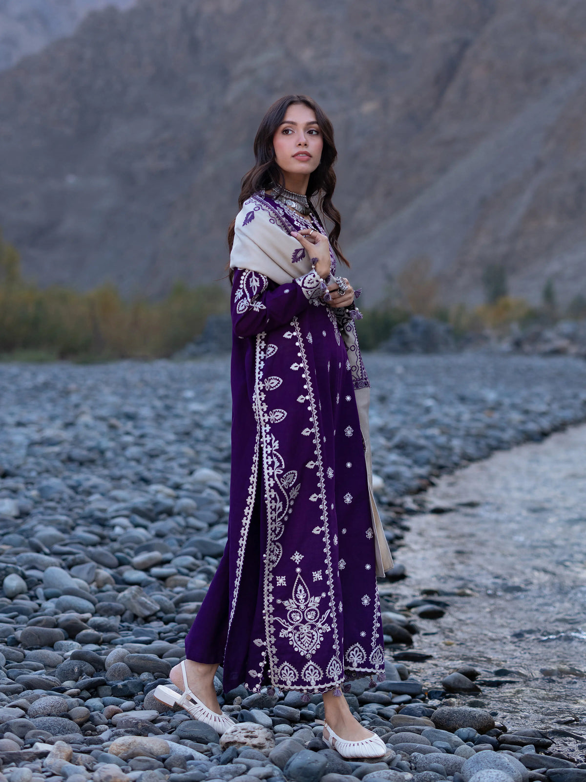 Edenrobe Kohsaar Purple Khaddar 3-Piece Suit | EWU6V11-34003-3P