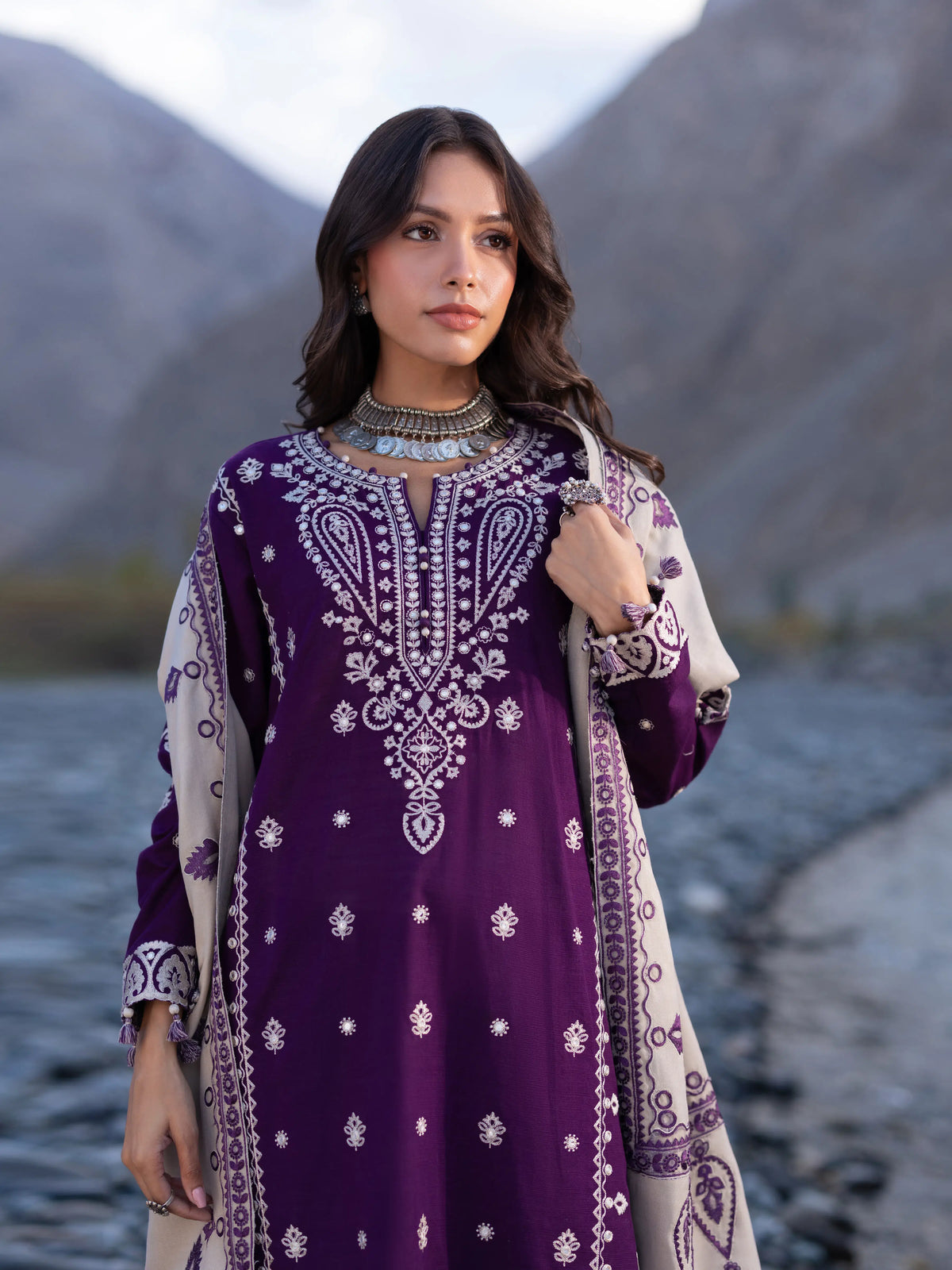 Edenrobe Kohsaar Purple Khaddar 3-Piece Suit | EWU6V11-34003-3P