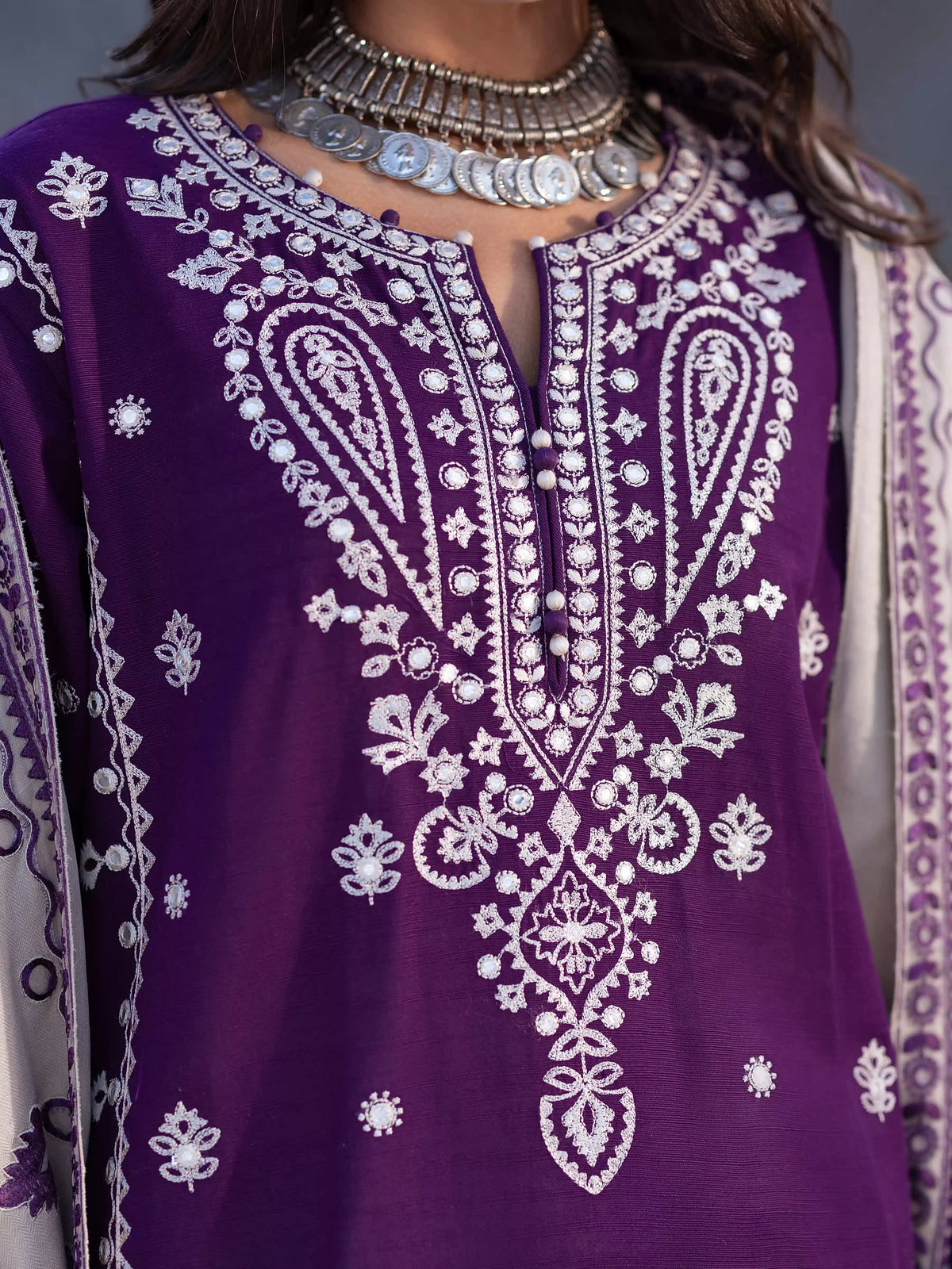 Edenrobe Kohsaar Purple Khaddar 3-Piece Suit | EWU6V11-34003-3P