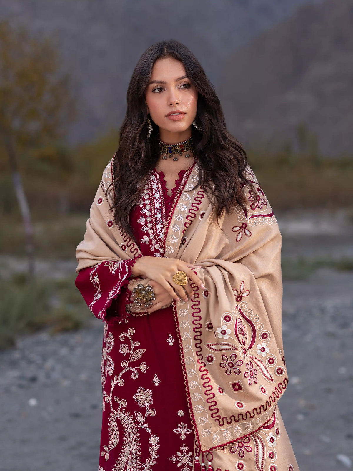 Edenrobe Kohsaar Maroon Khaddar 3-Piece Suit | EWU6V11-34004-3P