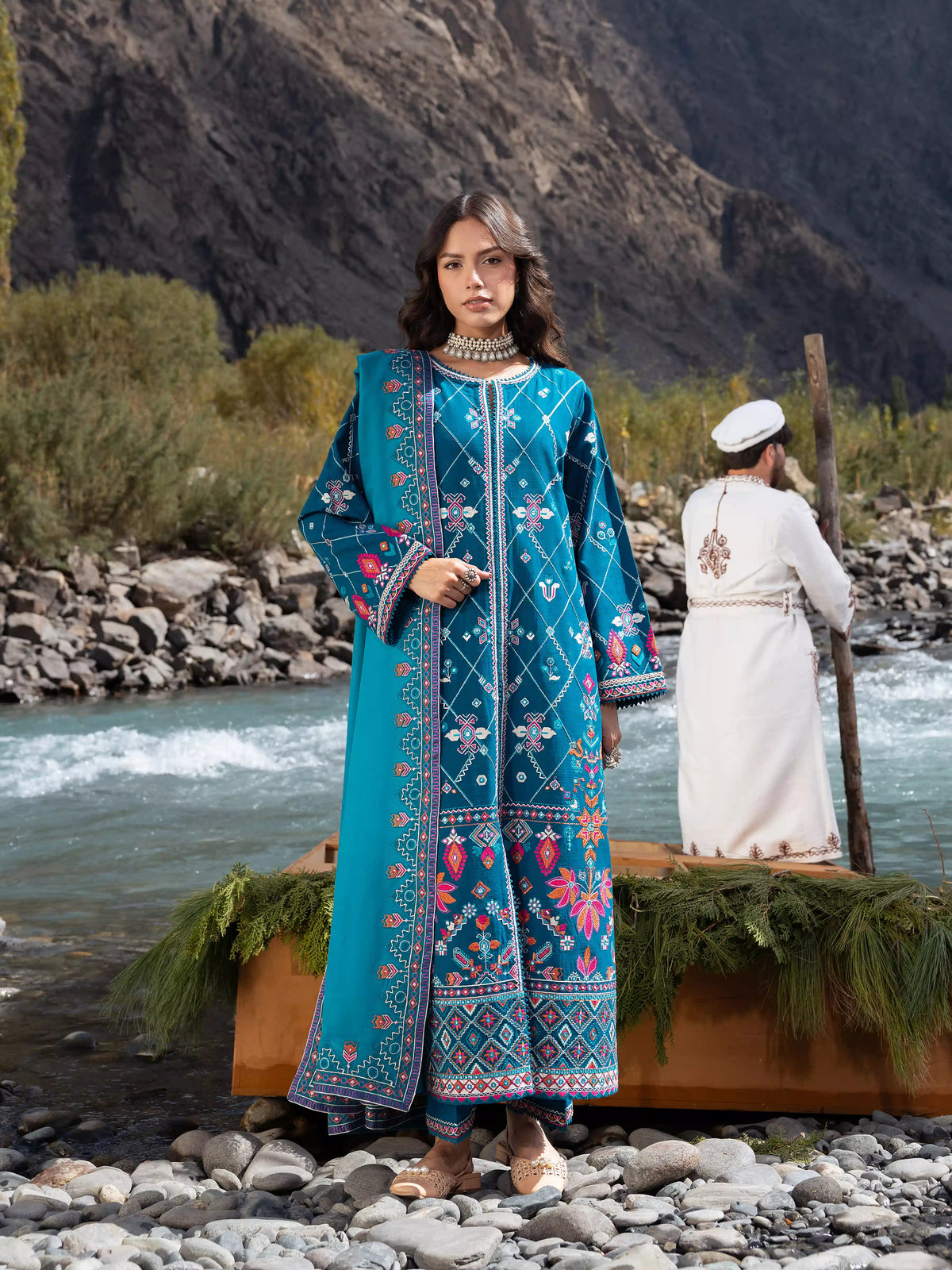 Edenrobe Kohsaar Teal Khaddar 3-Piece Suit | EWU6V11-34005-3P