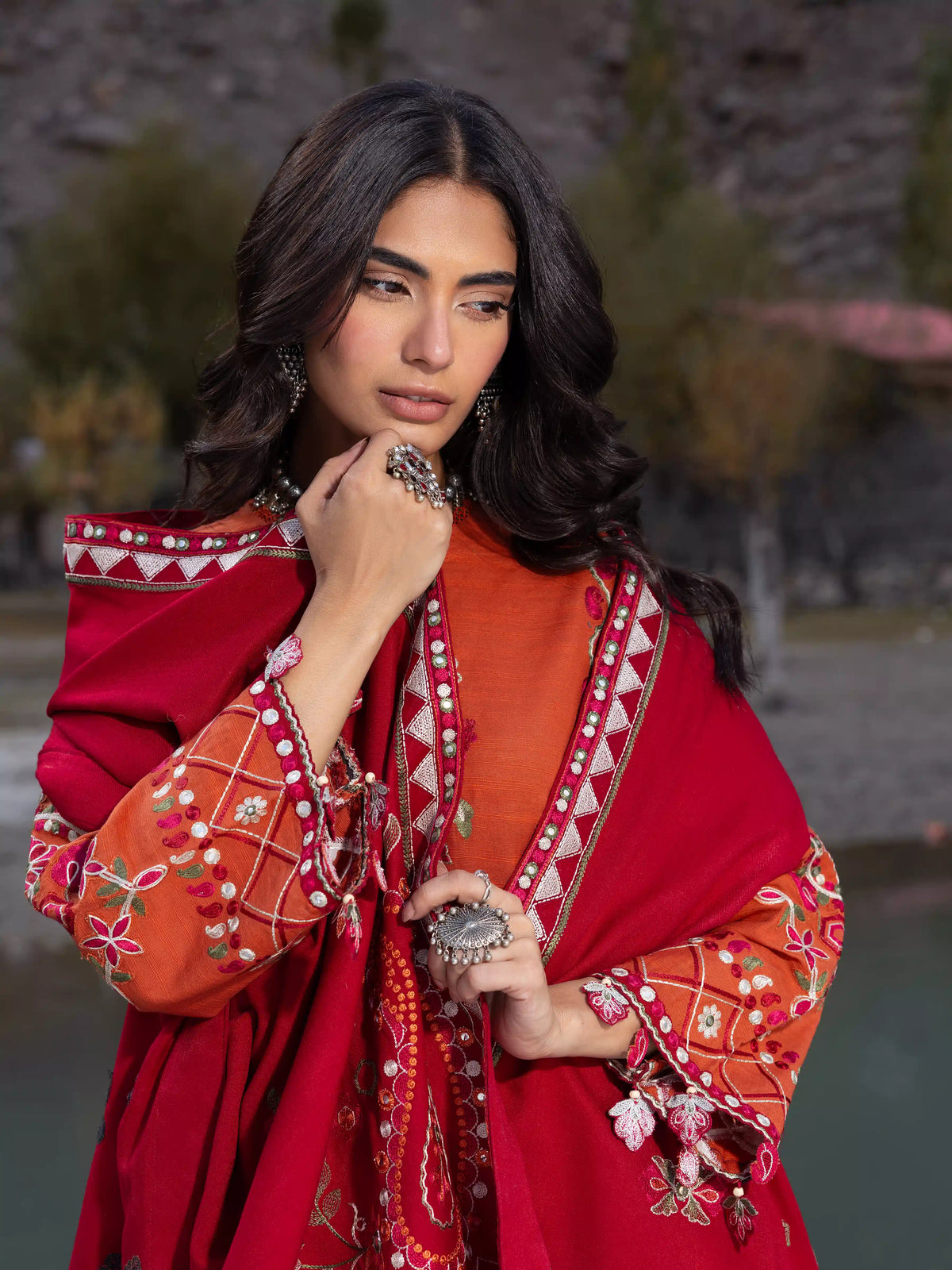 Edenrobe Kohsaar Rust Khaddar 3-Piece Suit | EWU6V11-34009-3P