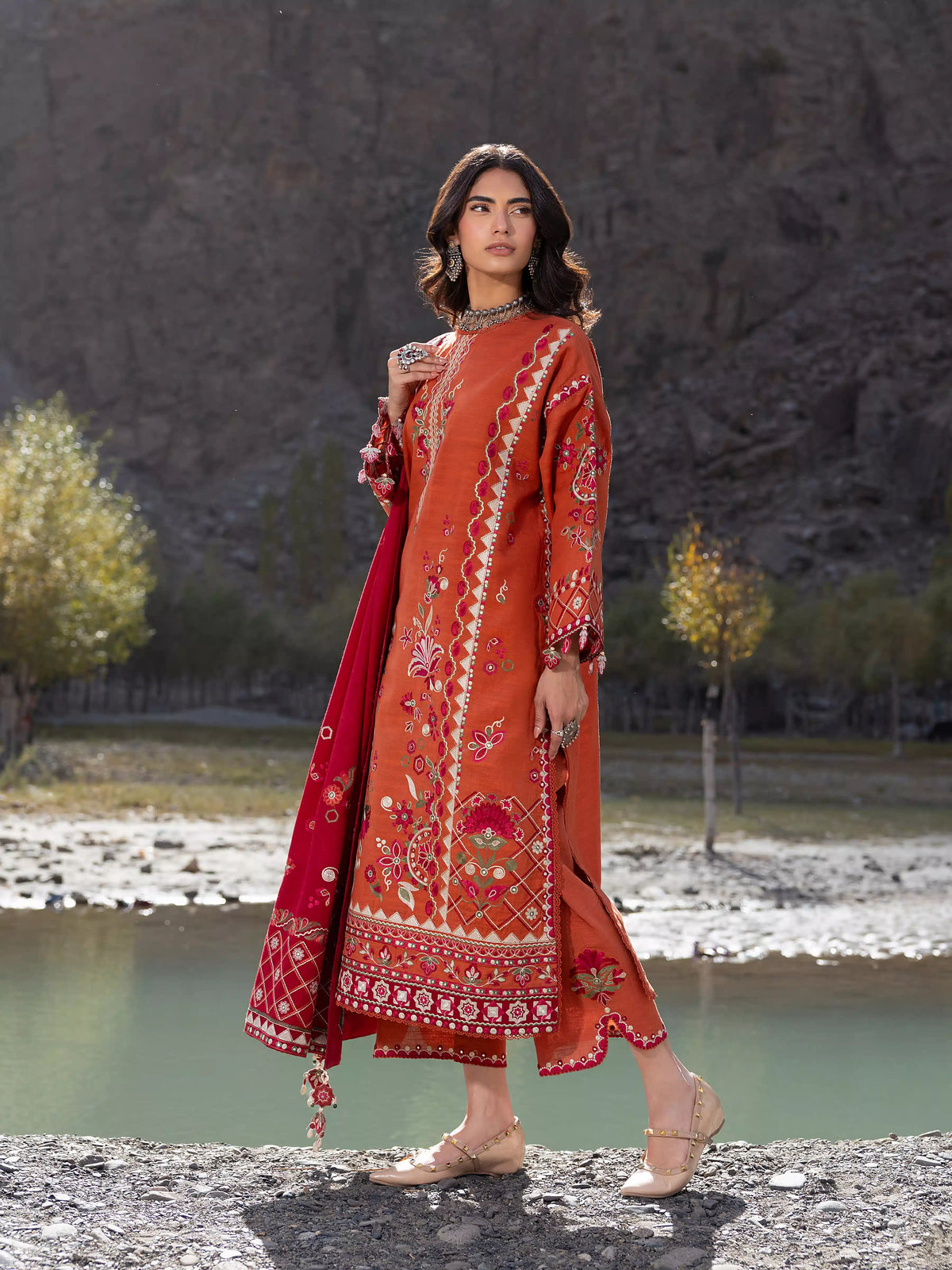 Edenrobe Kohsaar Rust Khaddar 3-Piece Suit | EWU6V11-34009-3P