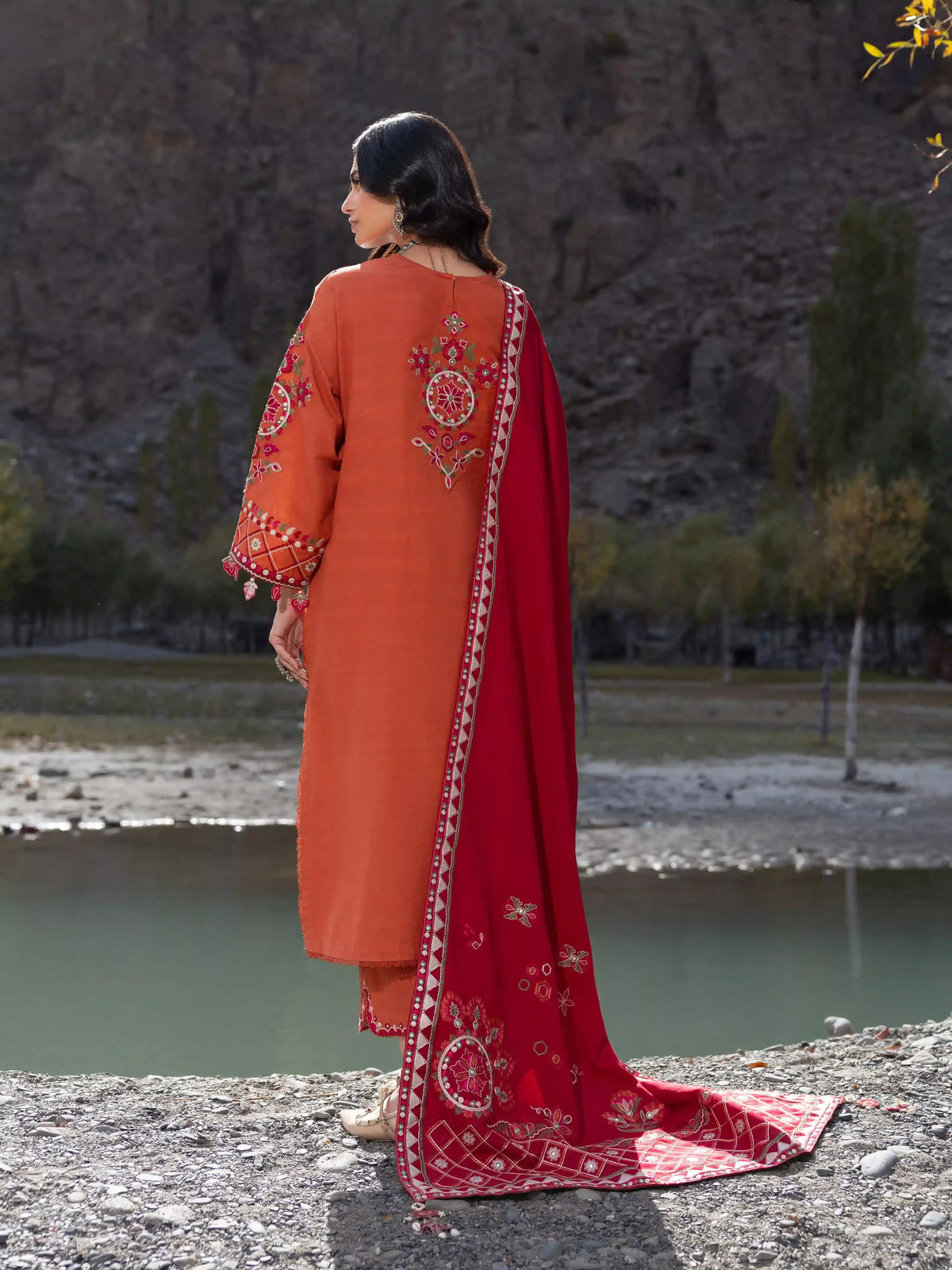 Edenrobe Kohsaar Rust Khaddar 3-Piece Suit | EWU6V11-34009-3P