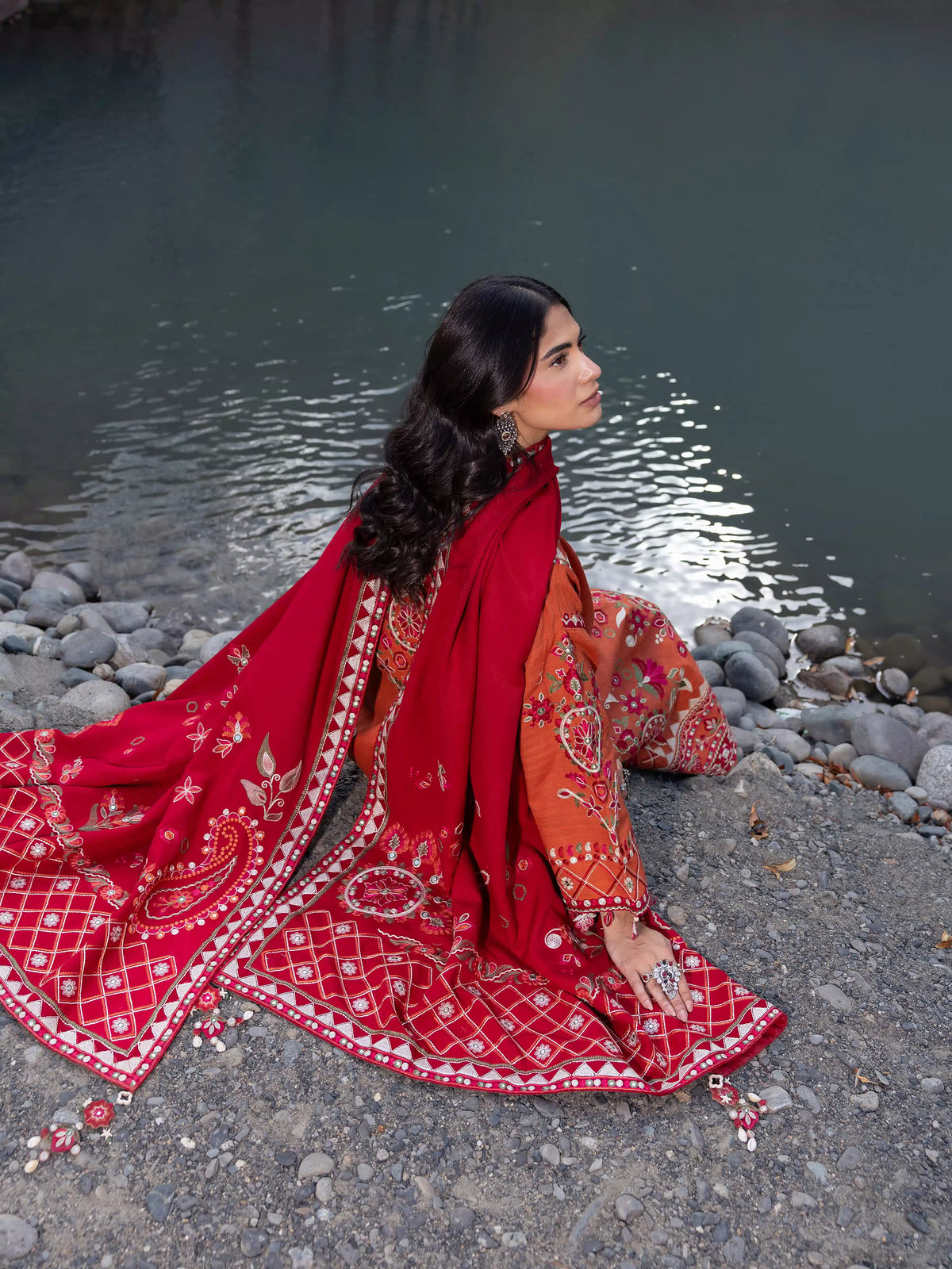 Edenrobe Kohsaar Rust Khaddar 3-Piece Suit | EWU6V11-34009-3P