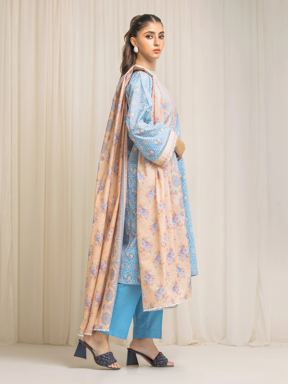 Edenrobe Allure Blue Lawn 3-Piece Suit | EWU6A1-36571-3P