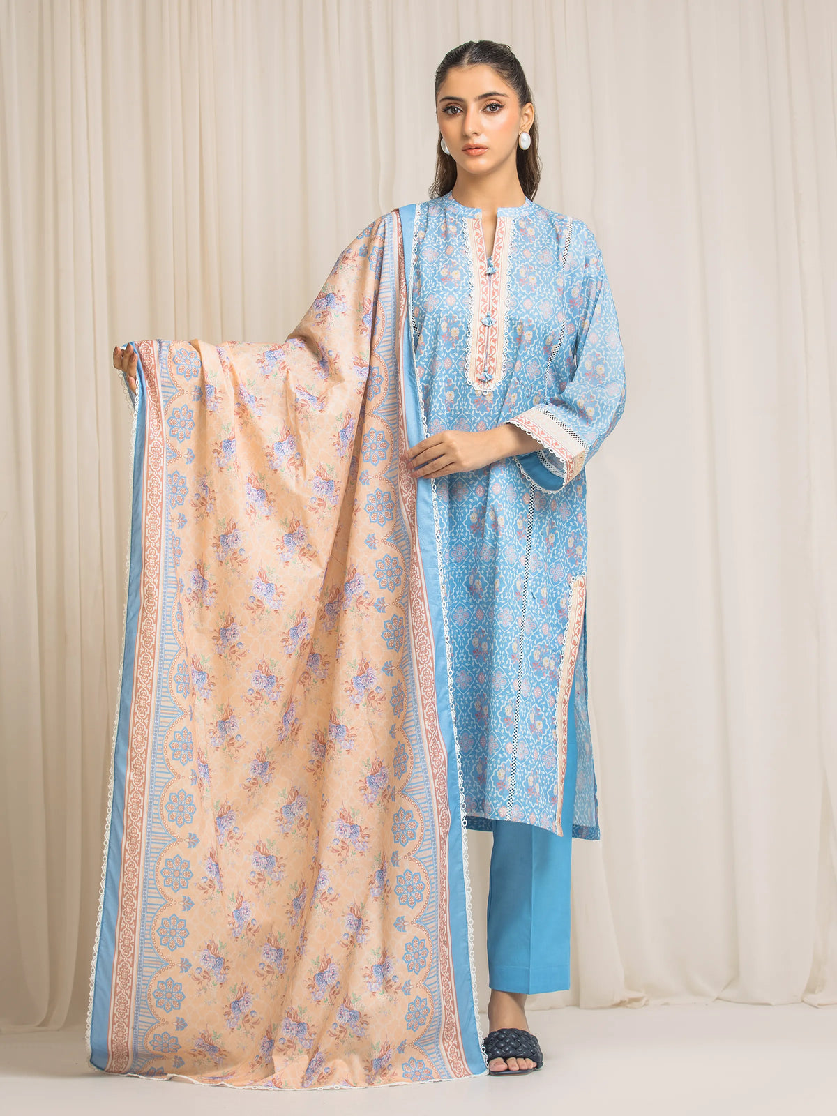Edenrobe Allure Blue Lawn 3-Piece Suit | EWU6A1-36571-3P