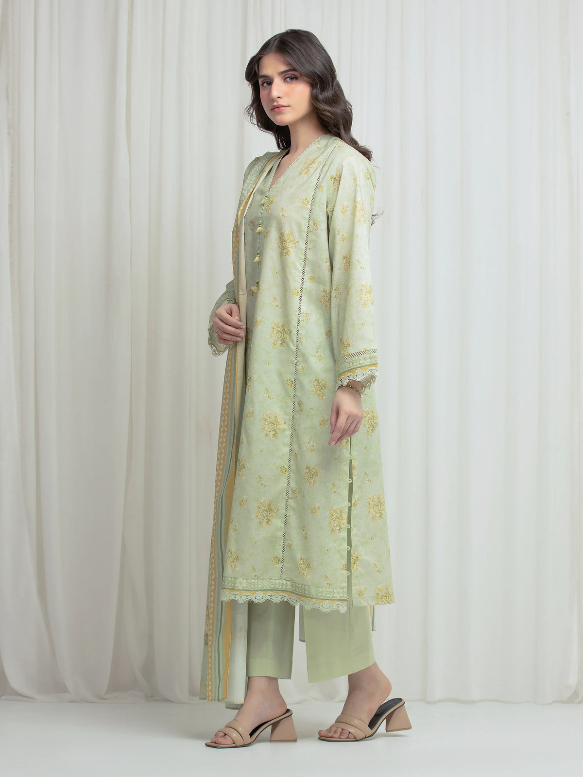 Edenrobe Allure Green Lawn 3-Piece Suit | EWU6A1-36608-3P