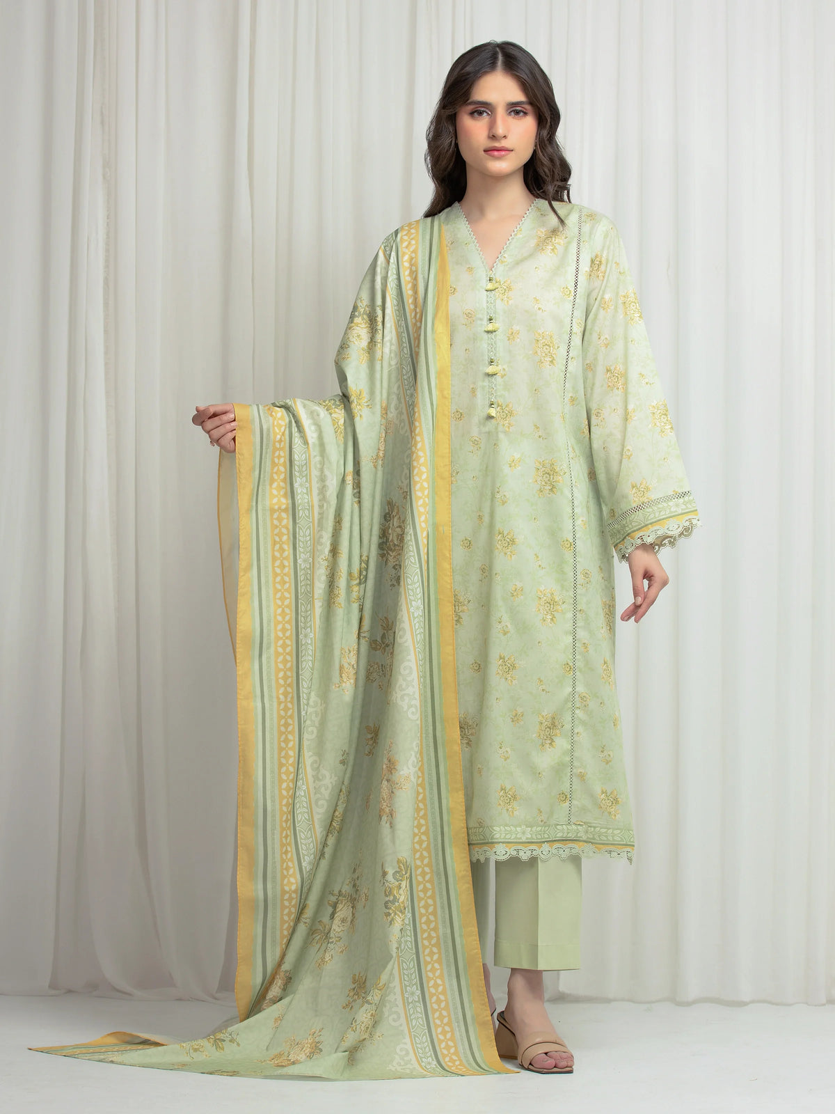 Edenrobe Allure Green Lawn 3-Piece Suit | EWU6A1-36608-3P