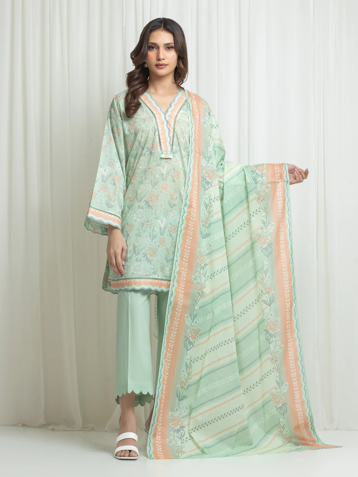 Edenrobe Allure Green Lawn 3-Piece Suit | EWU6A1-36635-3P
