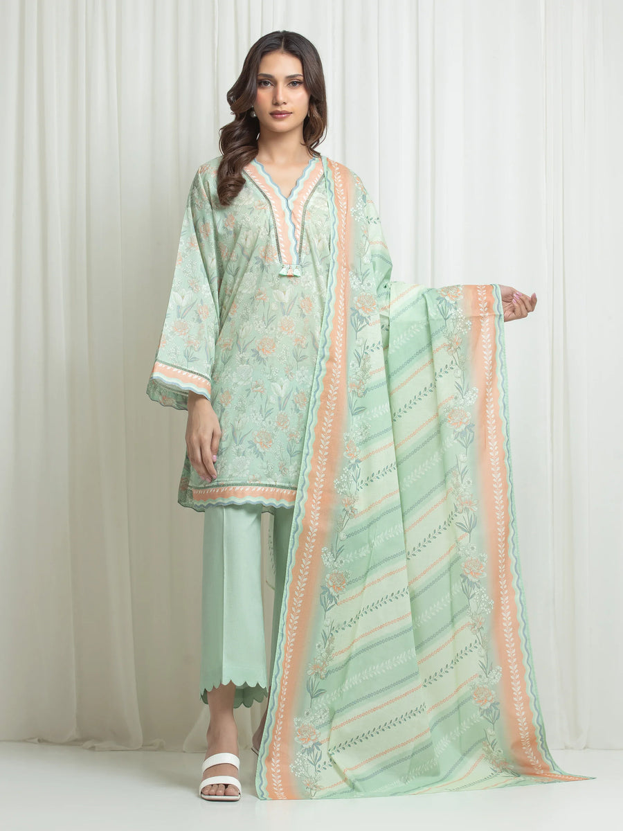 Edenrobe Allure Green Lawn 3-Piece Suit | EWU6A1-36635-3P