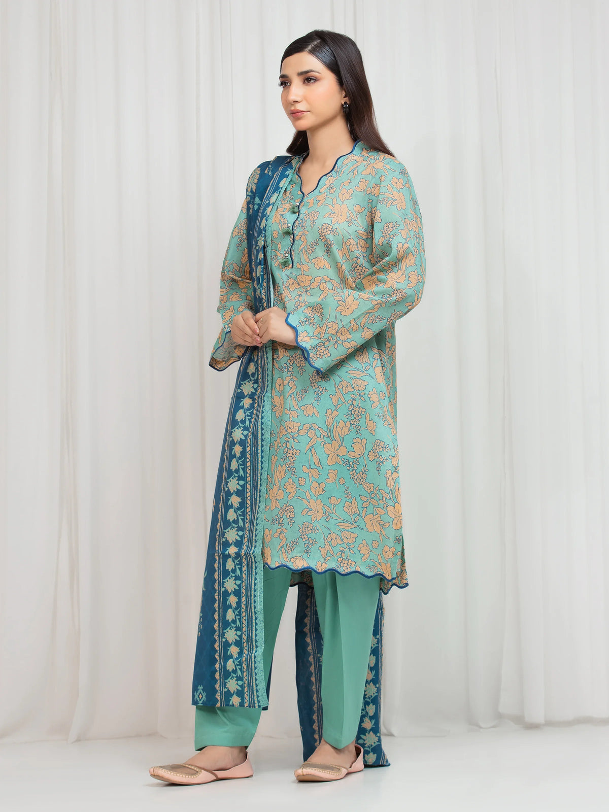 Edenrobe Allure Green Lawn 3-Piece Suit | EWU6A1-36654-3P