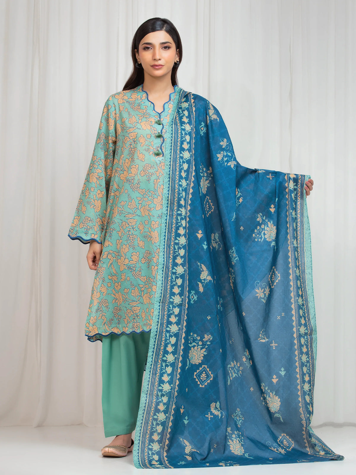 Edenrobe Allure Green Lawn 3-Piece Suit | EWU6A1-36654-3P