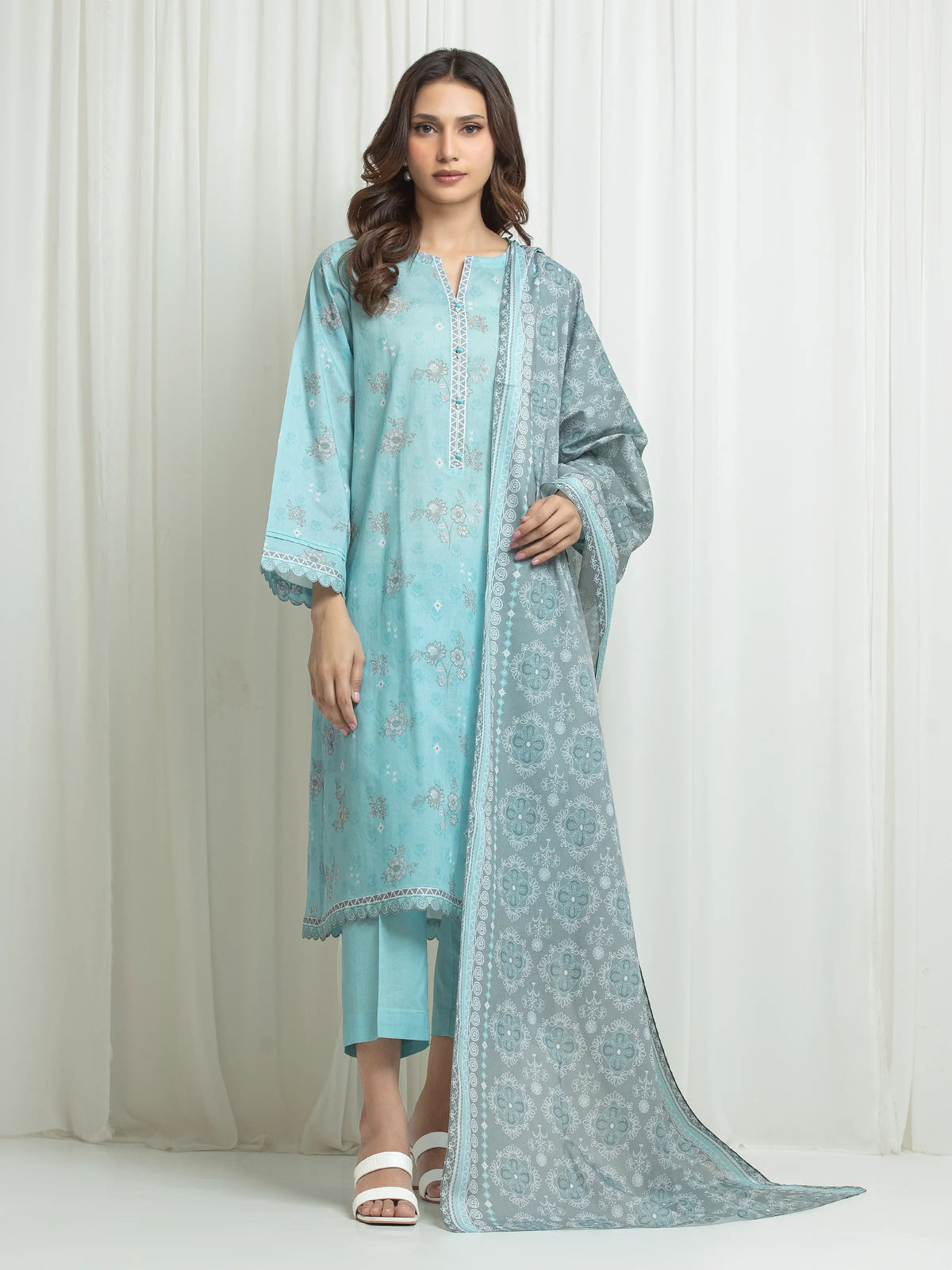 Edenrobe Allure Aqua Lawn 3-Piece Suit | EWU6A1-36676-3P