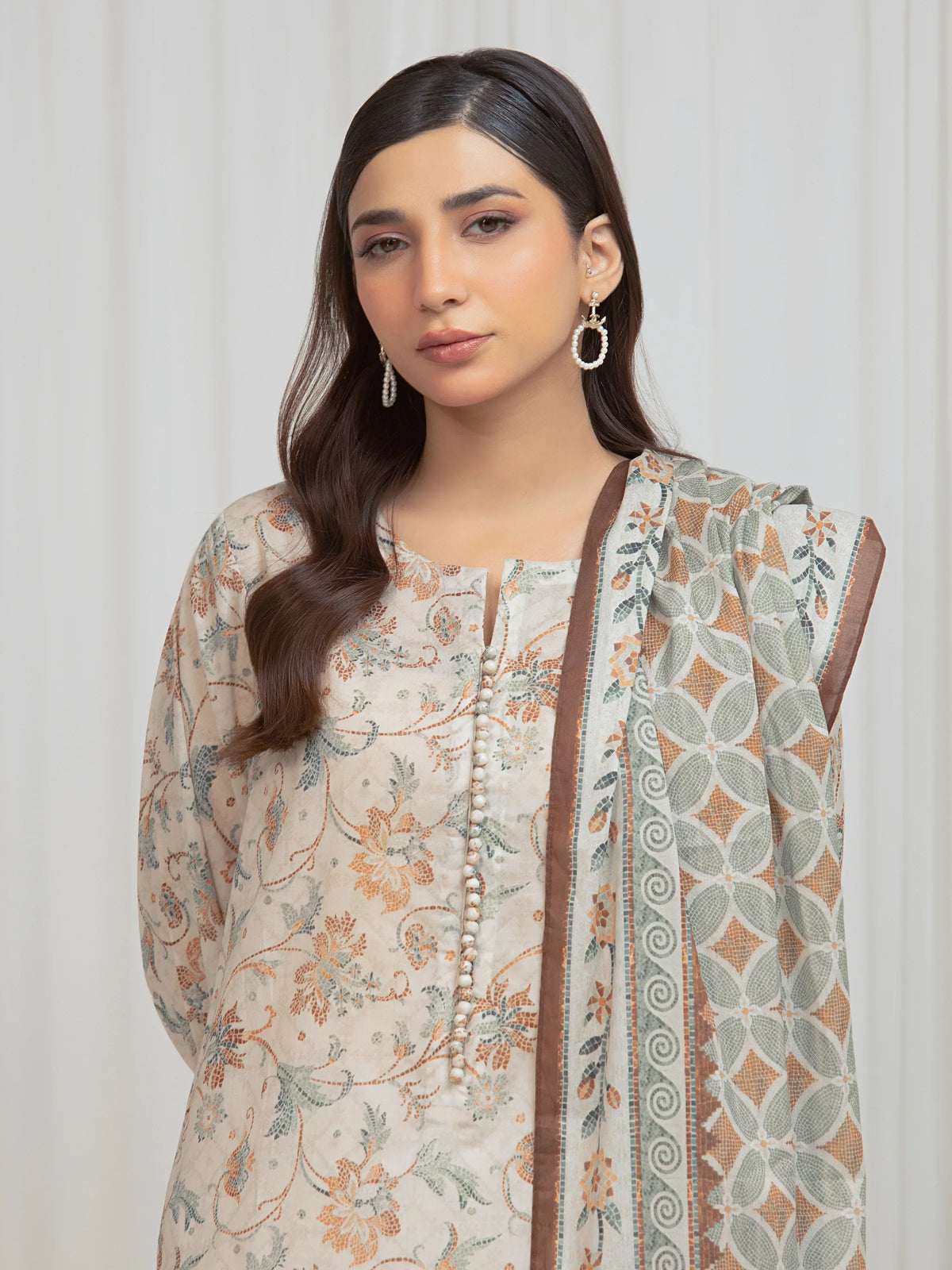 Edenrobe Allure Beige Lawn 3-Piece Suit | EWU6A1-36677-3P