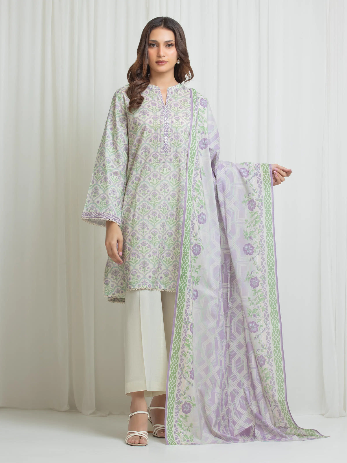 Edenrobe Allure Beige Lawn 3-Piece Suit | EWU6A1-36703-3P