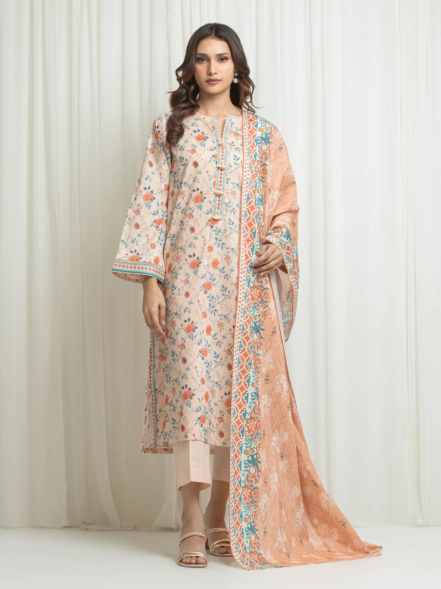 Edenrobe Allure Peach Lawn 3-Piece Suit | EWU6A1-36706-3P