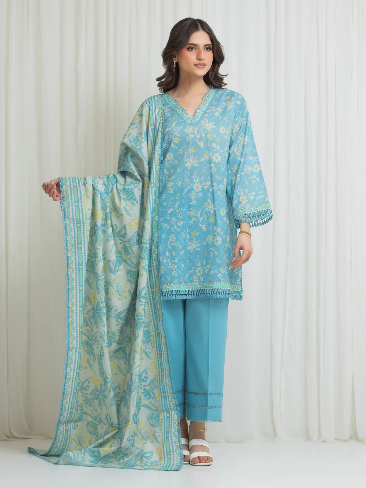 Edenrobe Allure Turquoise Lawn 3-Piece Suit | EWU6A1-36715-3P