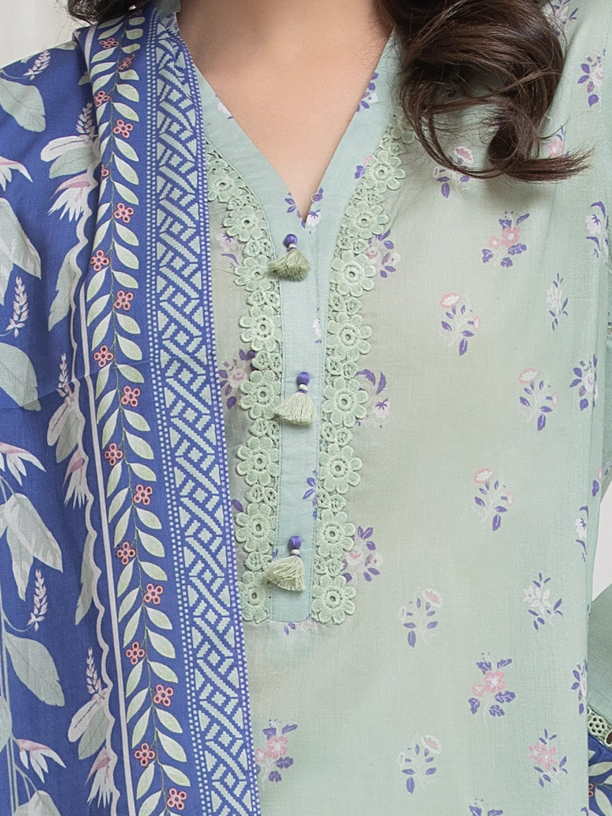 Edenrobe Allure Green Lawn 3-Piece Suit | EWU6A1-36765-3P