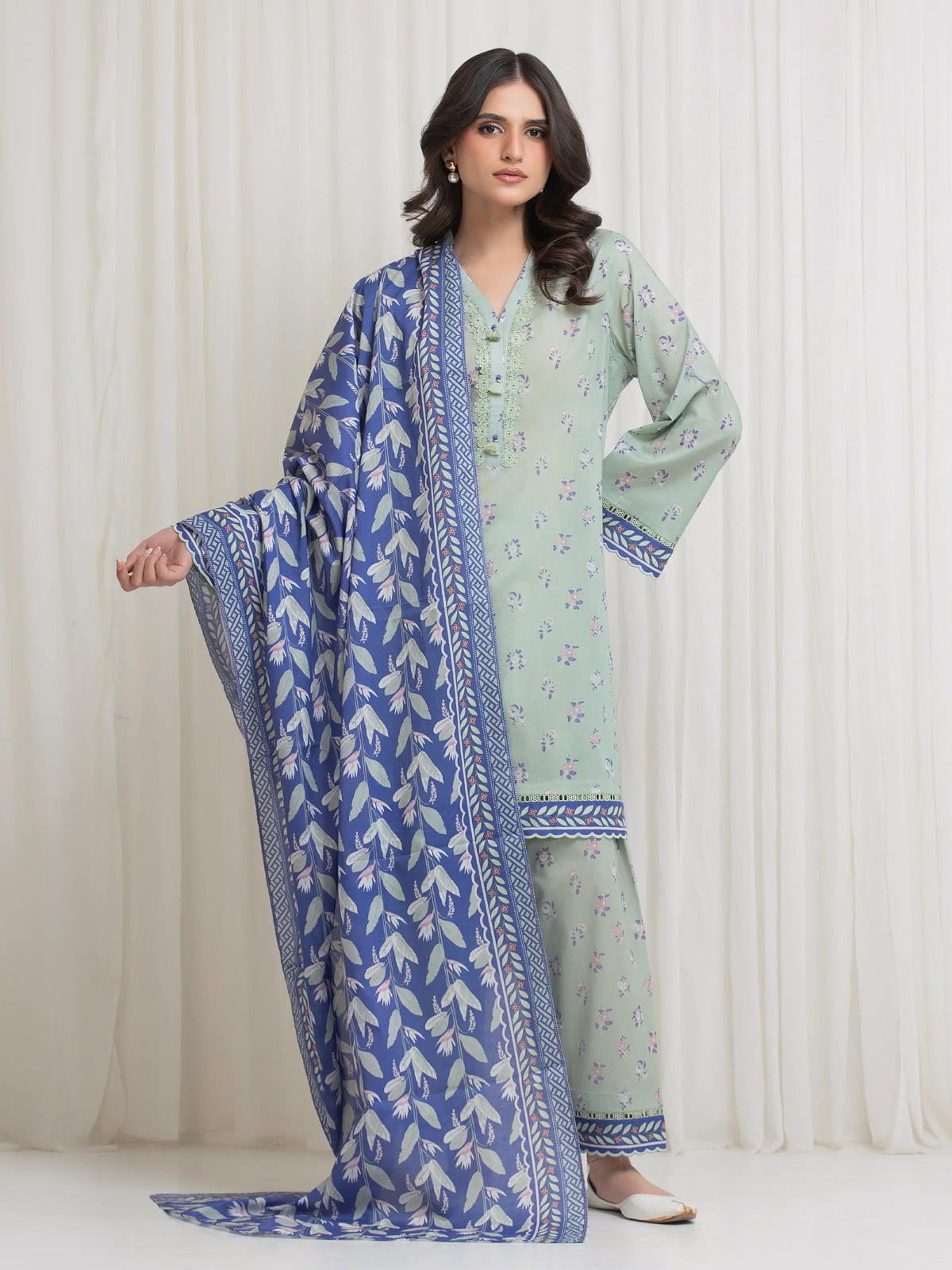 Edenrobe Allure Green Lawn 3-Piece Suit | EWU6A1-36765-3P