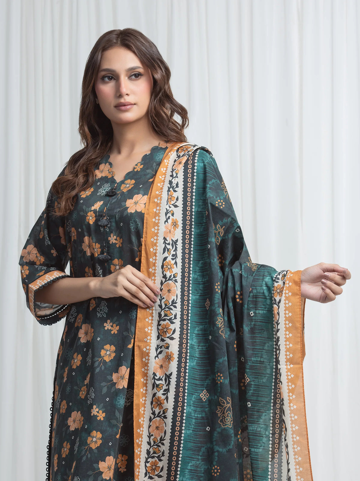 Edenrobe Allure Green Lawn 3-Piece Suit | EWU6A1-36858-3P