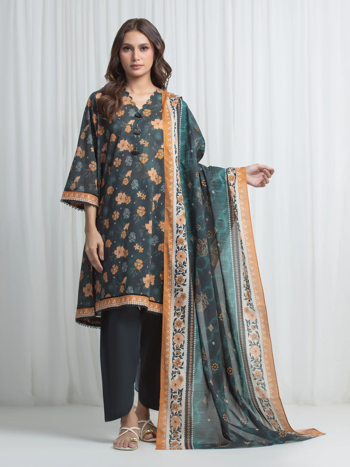 Edenrobe Allure Green Lawn 3-Piece Suit | EWU6A1-36858-3P