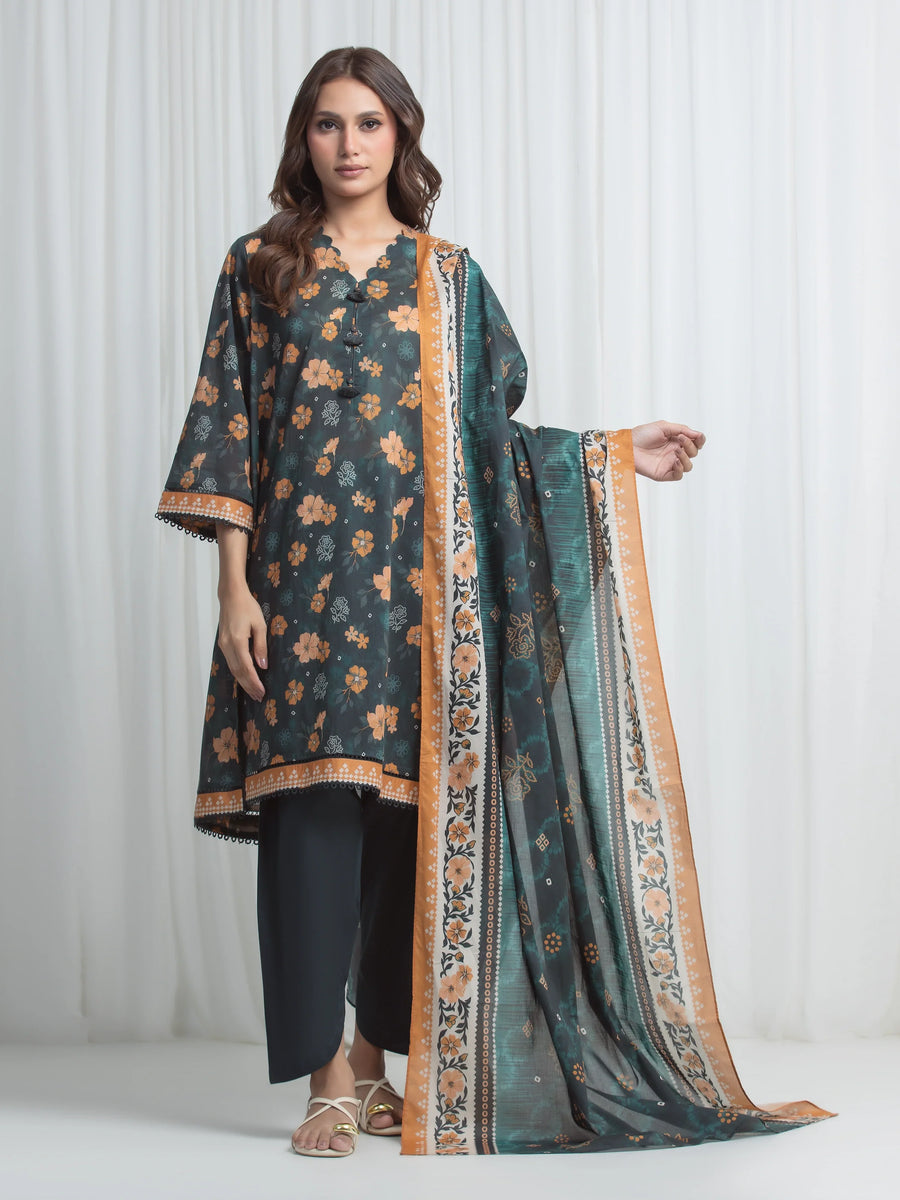 Edenrobe Allure Green Lawn 3-Piece Suit | EWU6A1-36858-3P