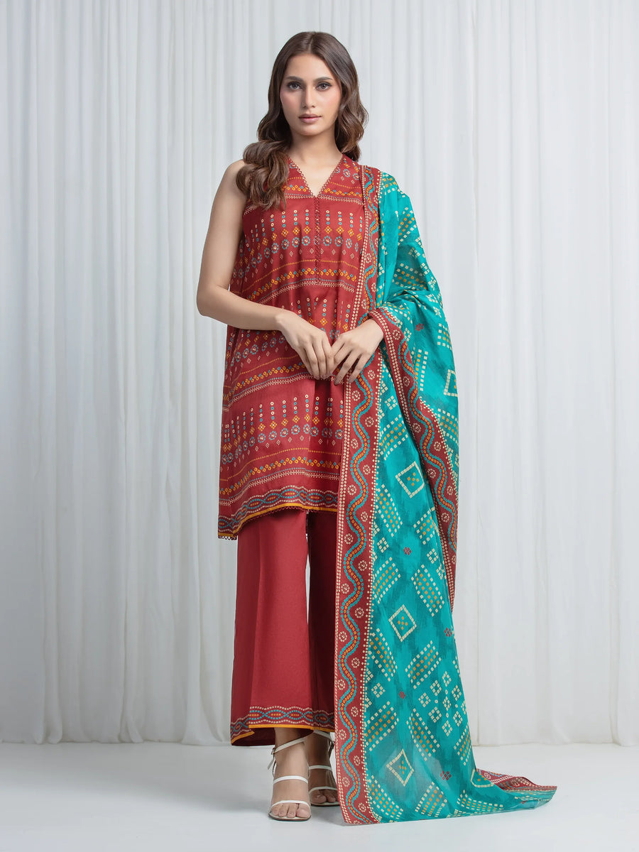 Edenrobe Allure Maroon Lawn 3-Piece Suit | EWU6A1-36872-3P