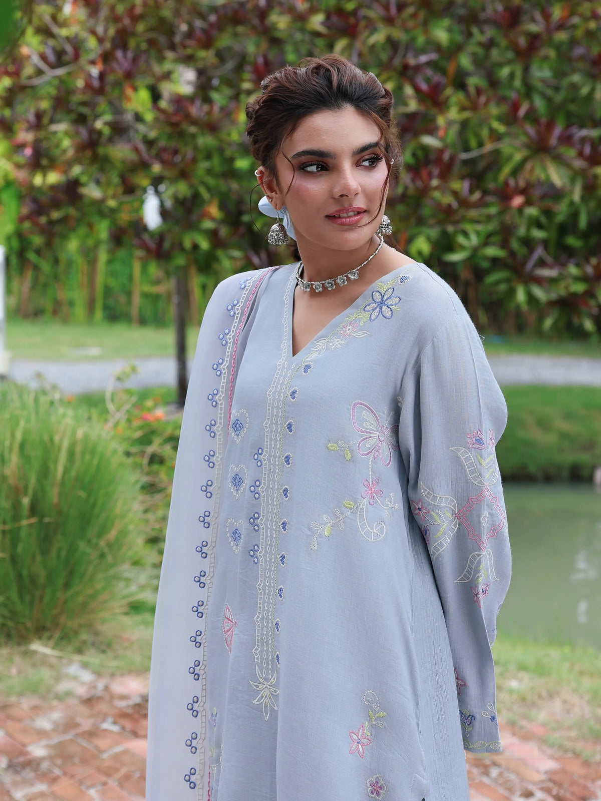 Edenrobe Vyla Blue Embroidered 3-Piece Pret | EWTKED6-86213-3P
