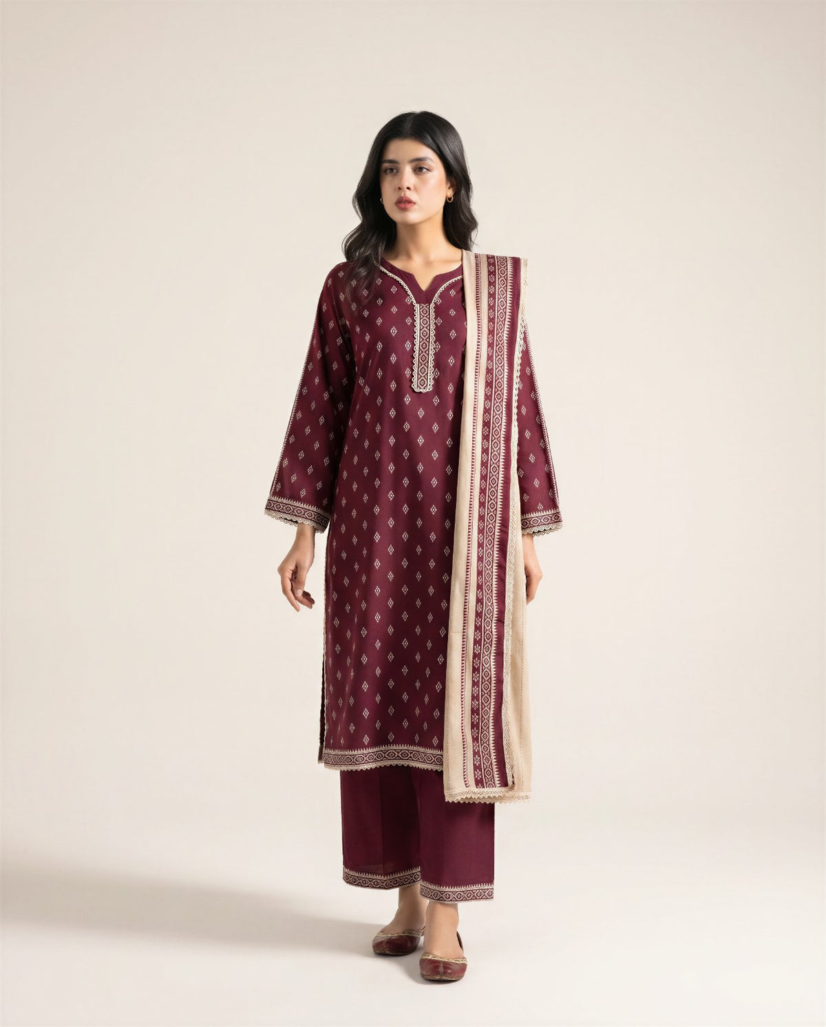 Bin Saeed Maroon Printed 3-Piece Suit | 24166