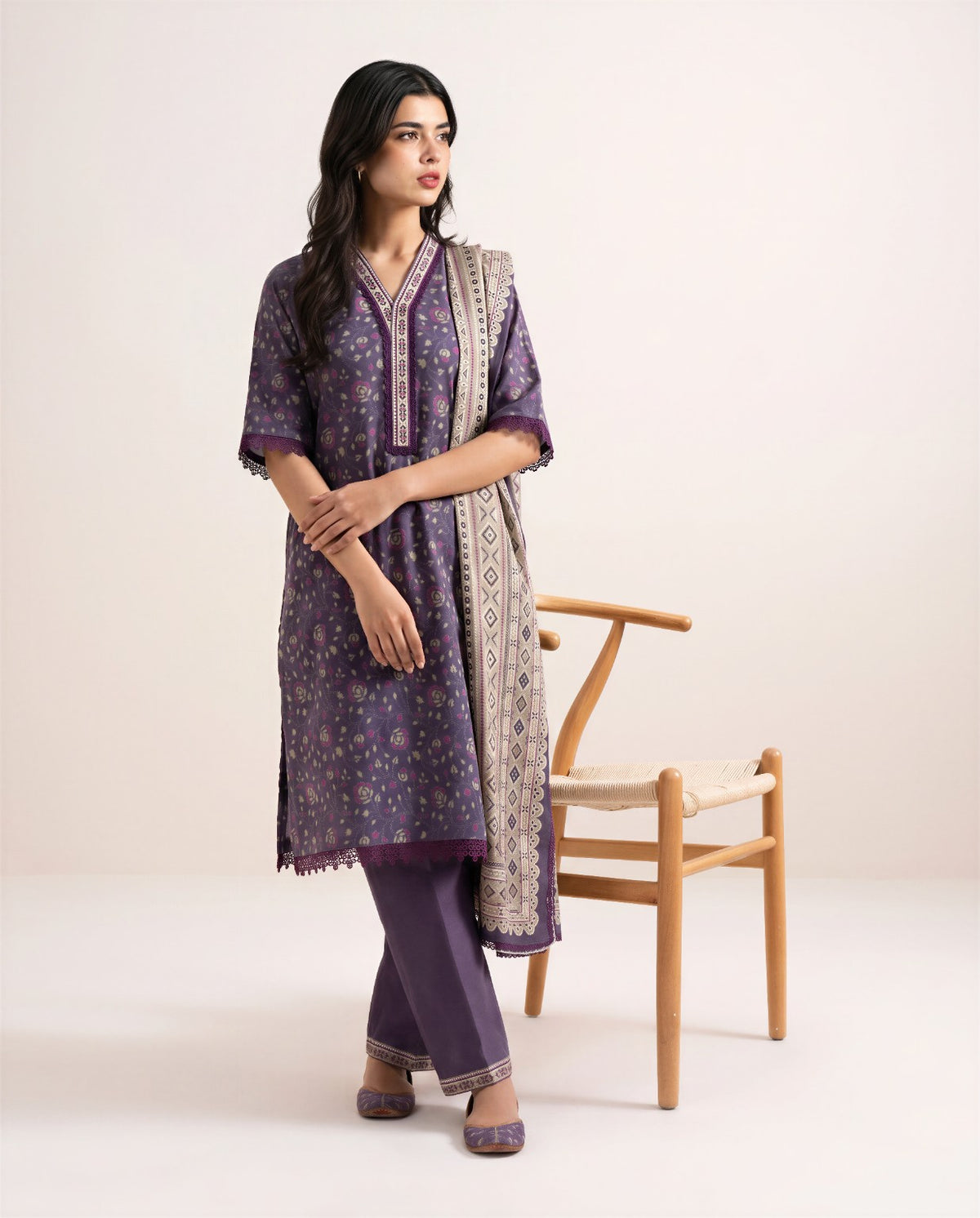 Bin Saeed Purple Printed 3-Piece Suit | 24177