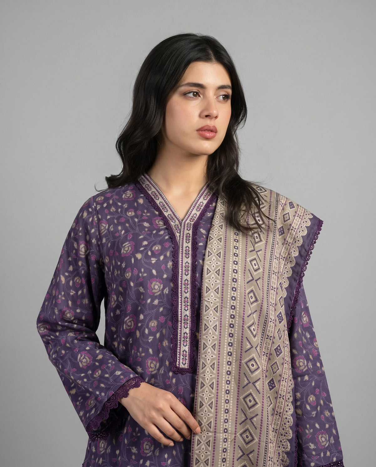 Bin Saeed Purple Printed 3-Piece Suit | 24177