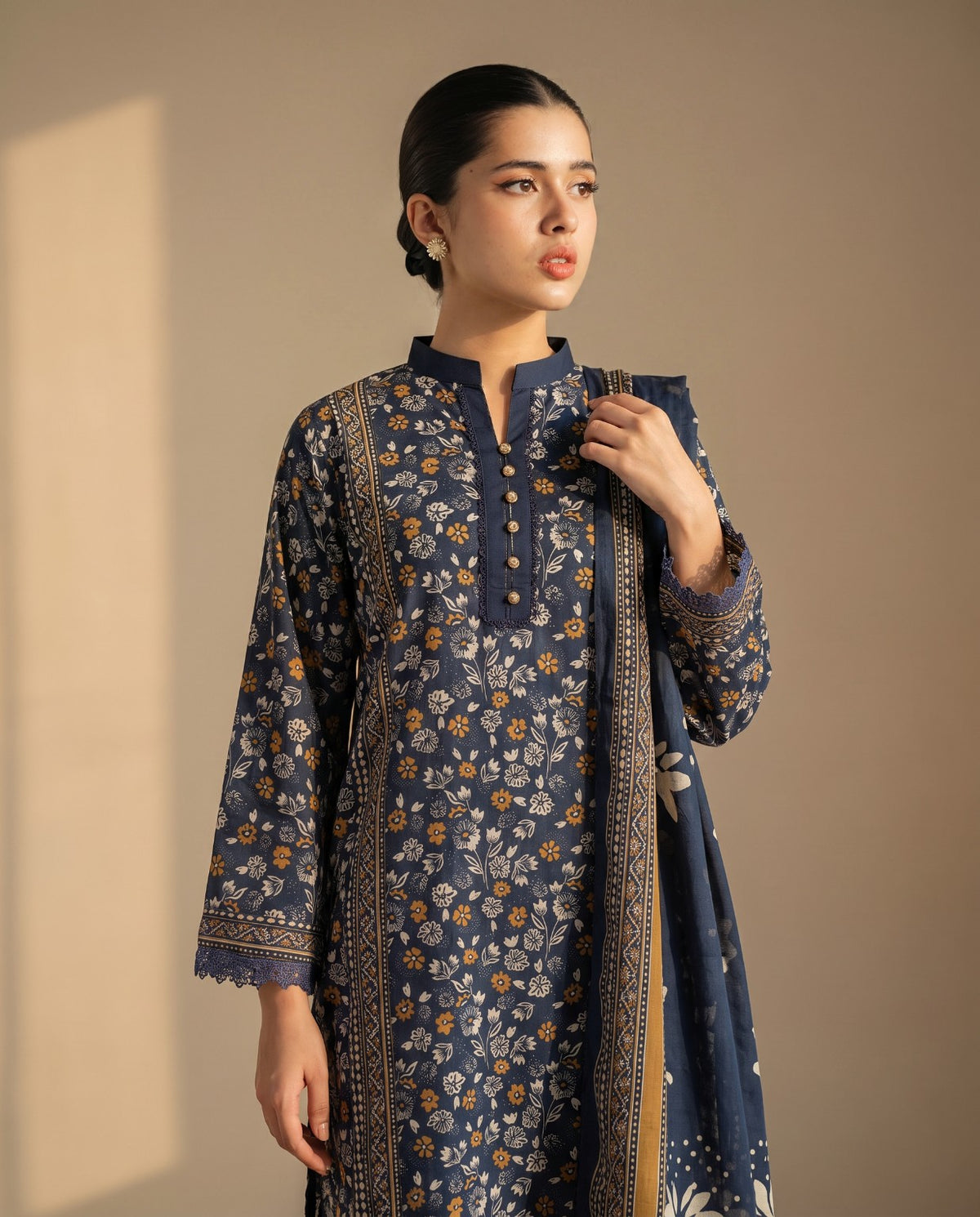 Bin Saeed Navy Printed 3-Piece Suit | 24439